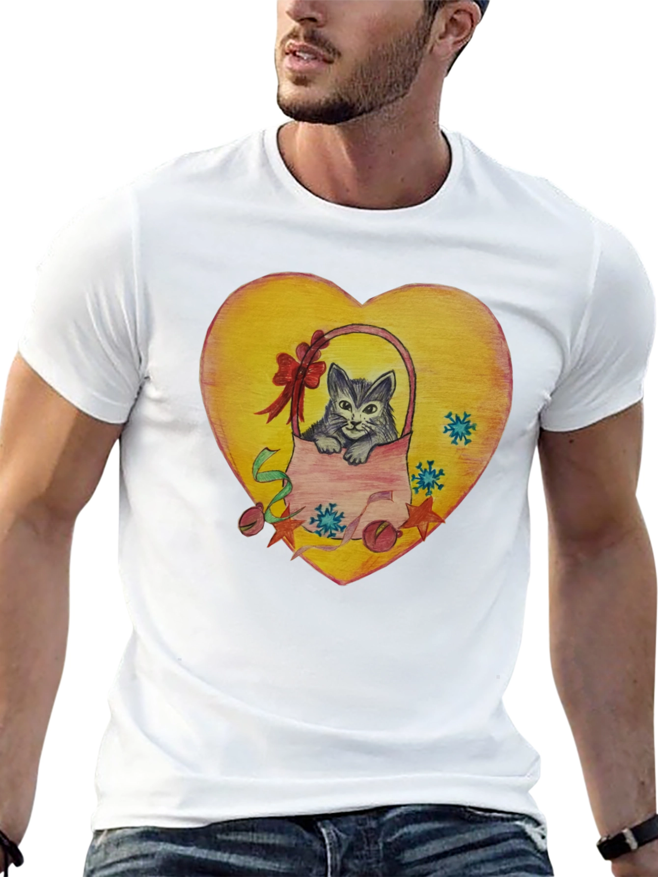 Cute Cat in Basket Heart Graphic T-Shirt
