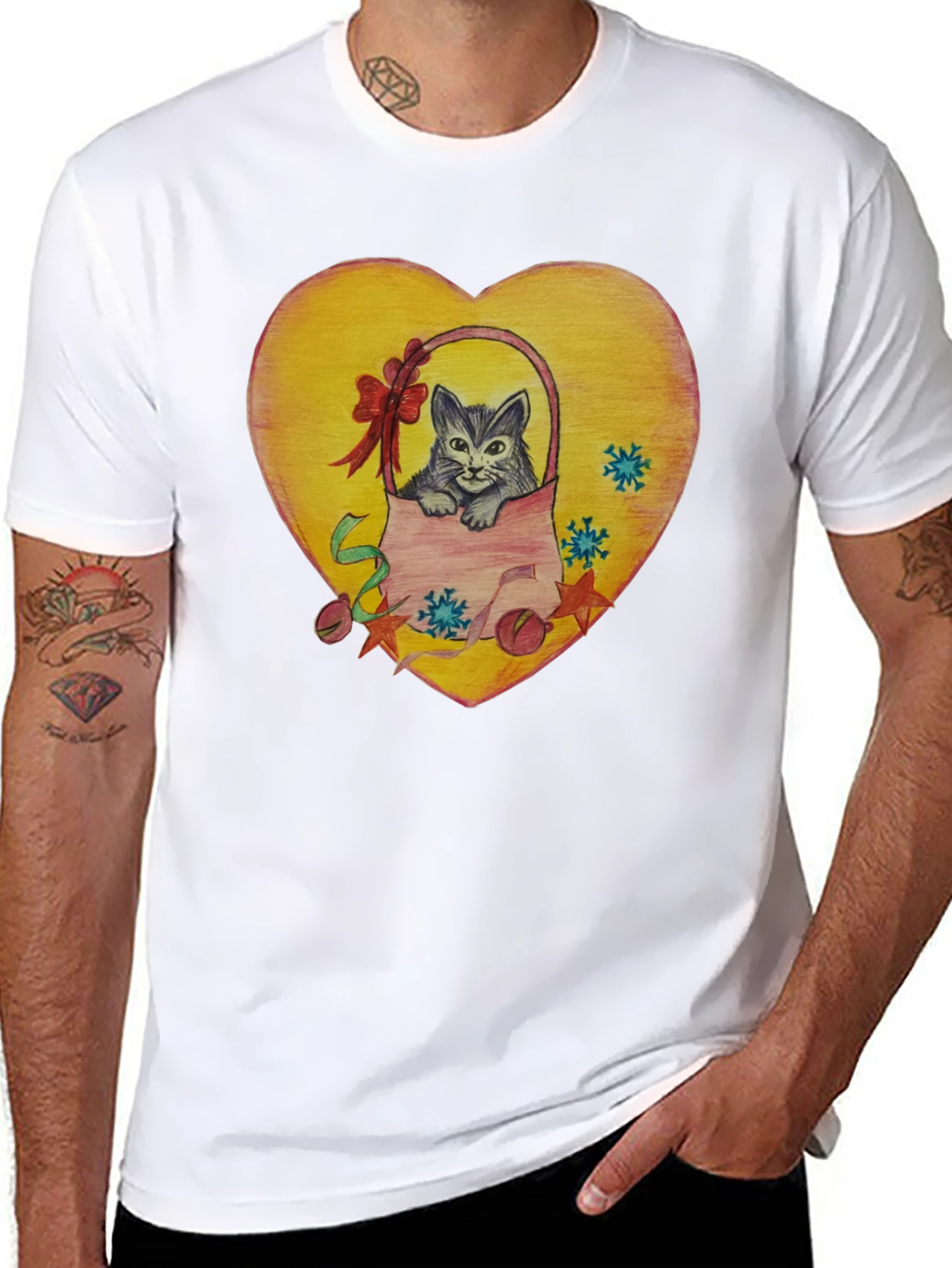 Cute Cat in Basket Heart Graphic T-Shirt
