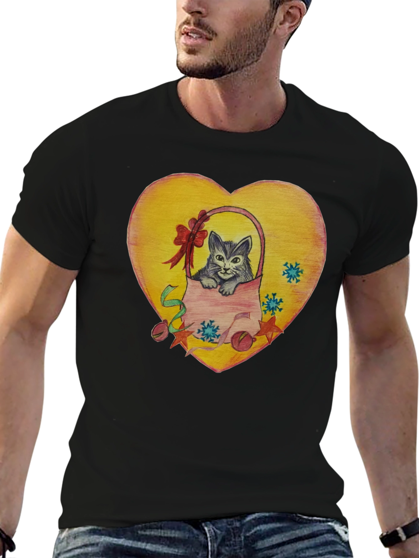 Cute Cat in Basket Heart Graphic T-Shirt