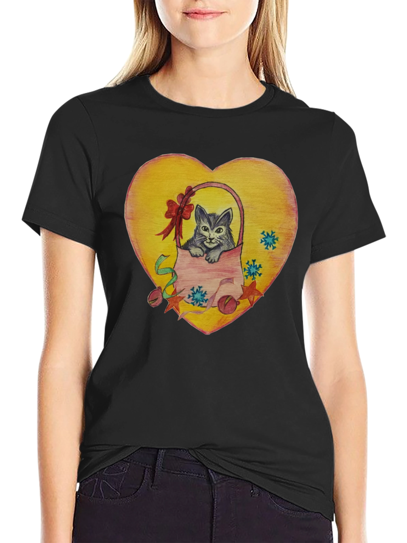 Cute Cat in Basket Heart Graphic T-Shirt