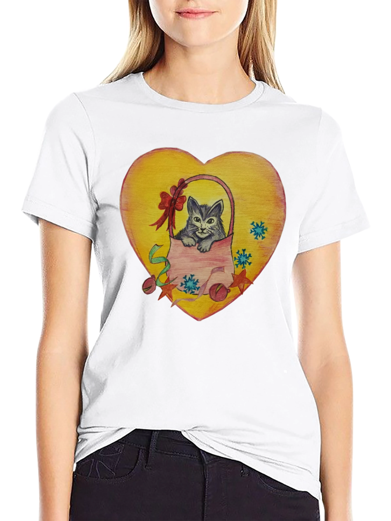 Cute Cat in Basket Heart Graphic T-Shirt