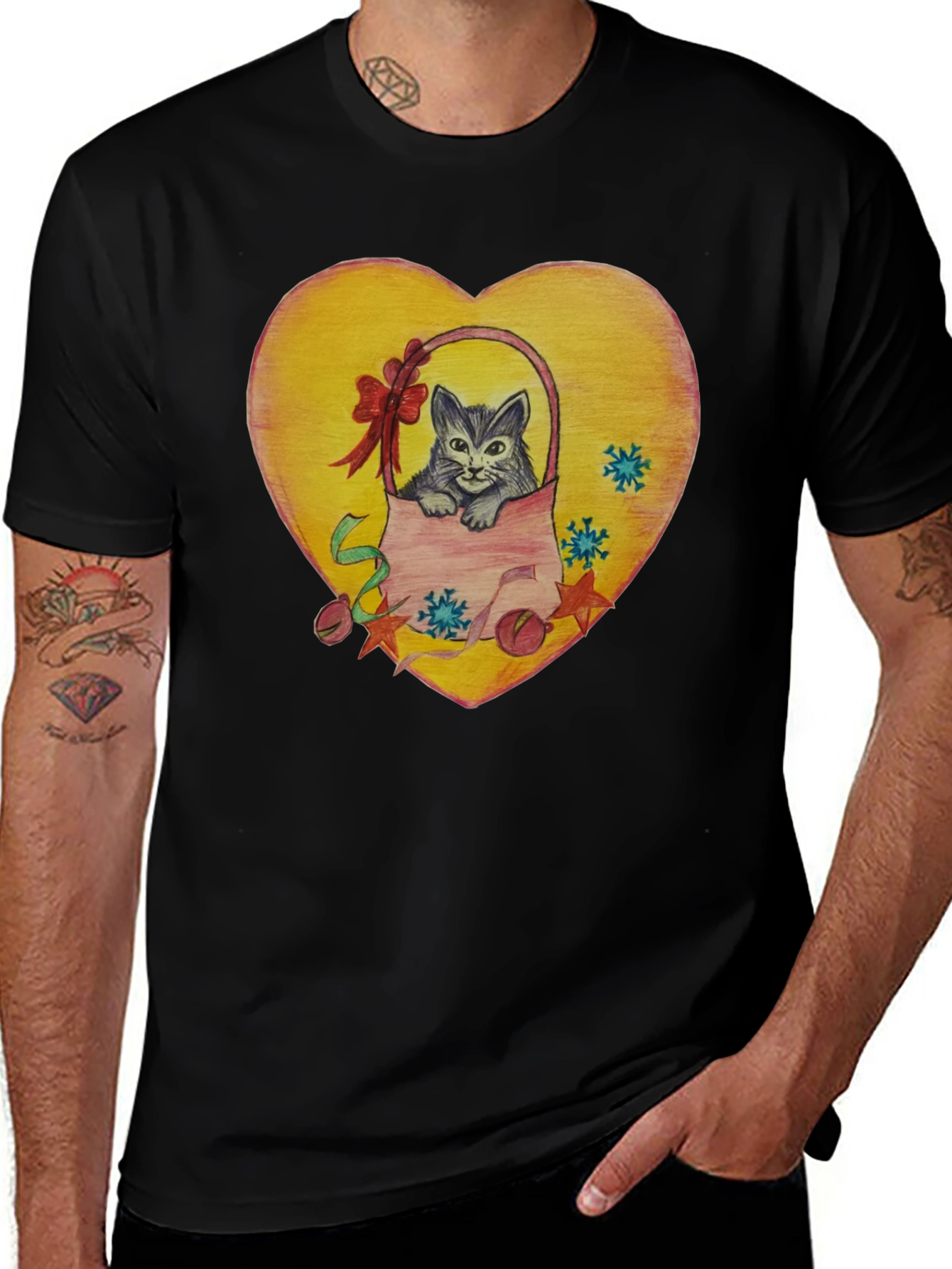 Cute Cat in Basket Heart Graphic T-Shirt