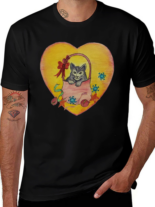 Cute Cat in Basket Heart Graphic T-Shirt