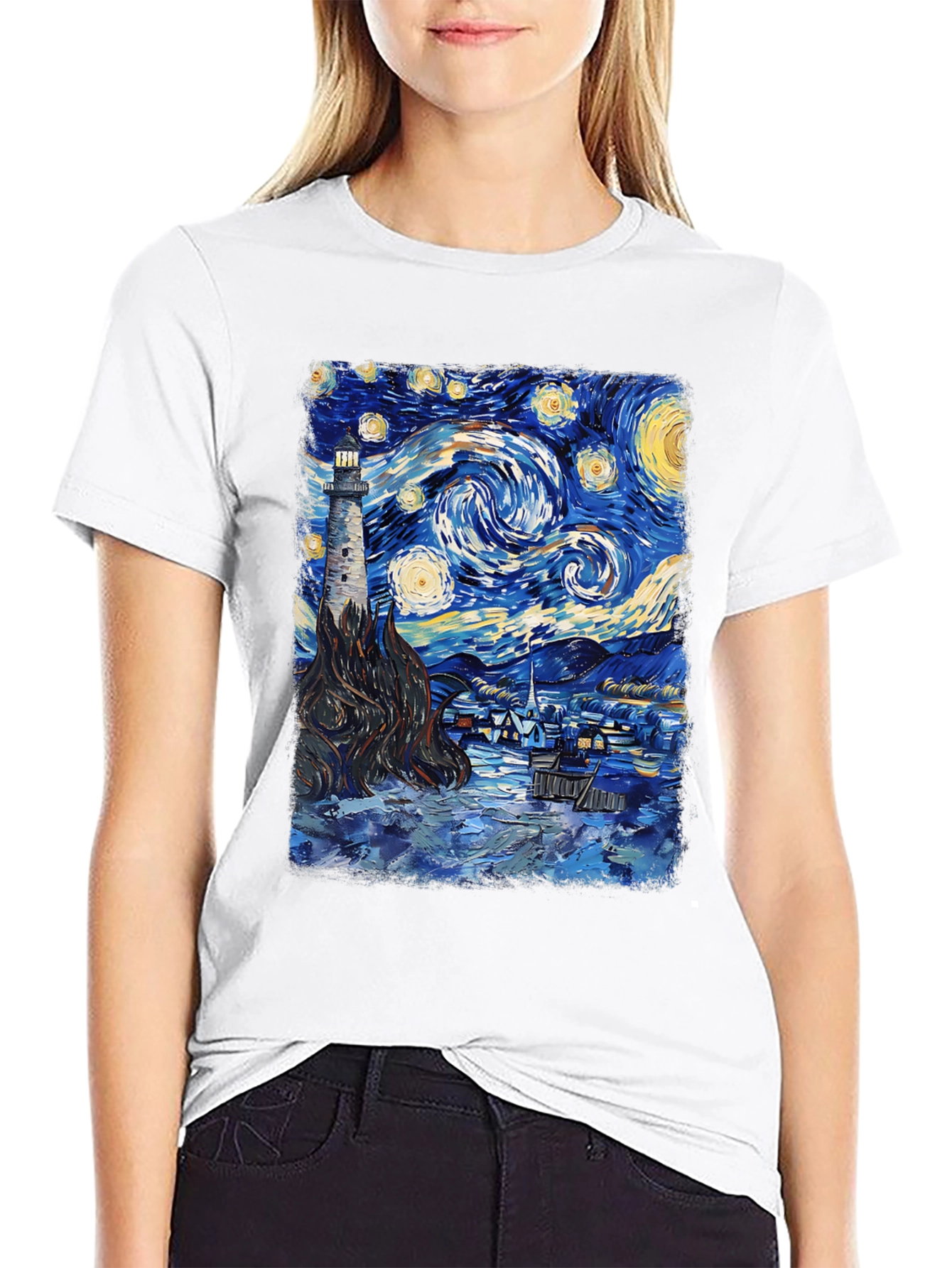 Starry Night Lighthouse Graphic Tee