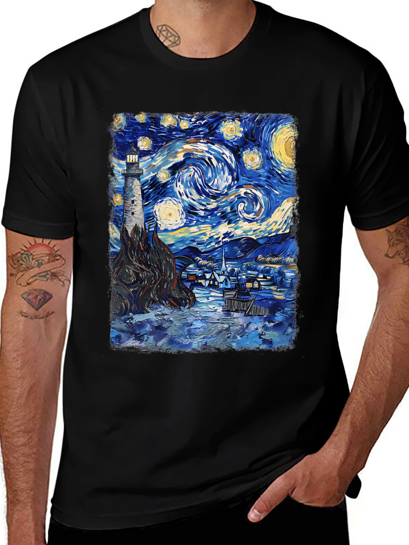 Starry Night Lighthouse Graphic Tee