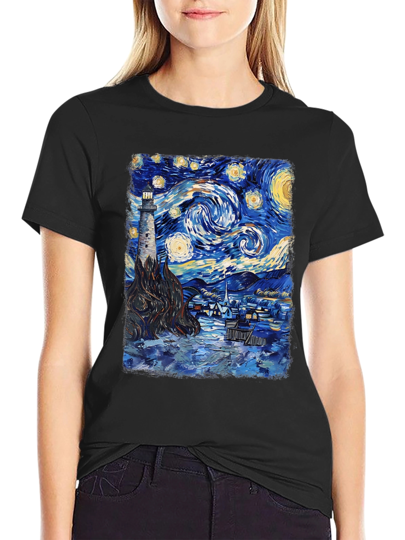 Starry Night Lighthouse Graphic Tee