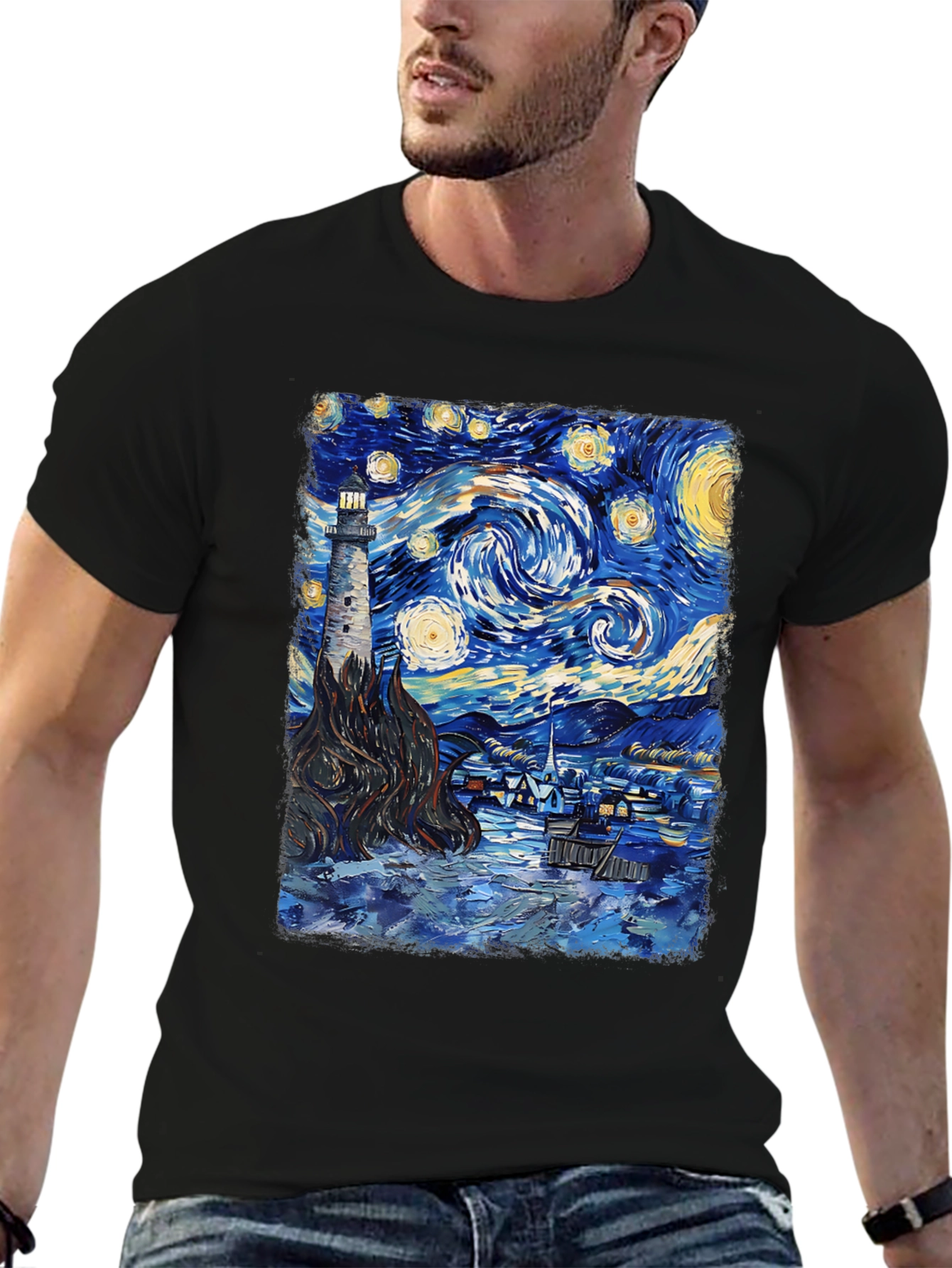 Starry Night Lighthouse Graphic Tee