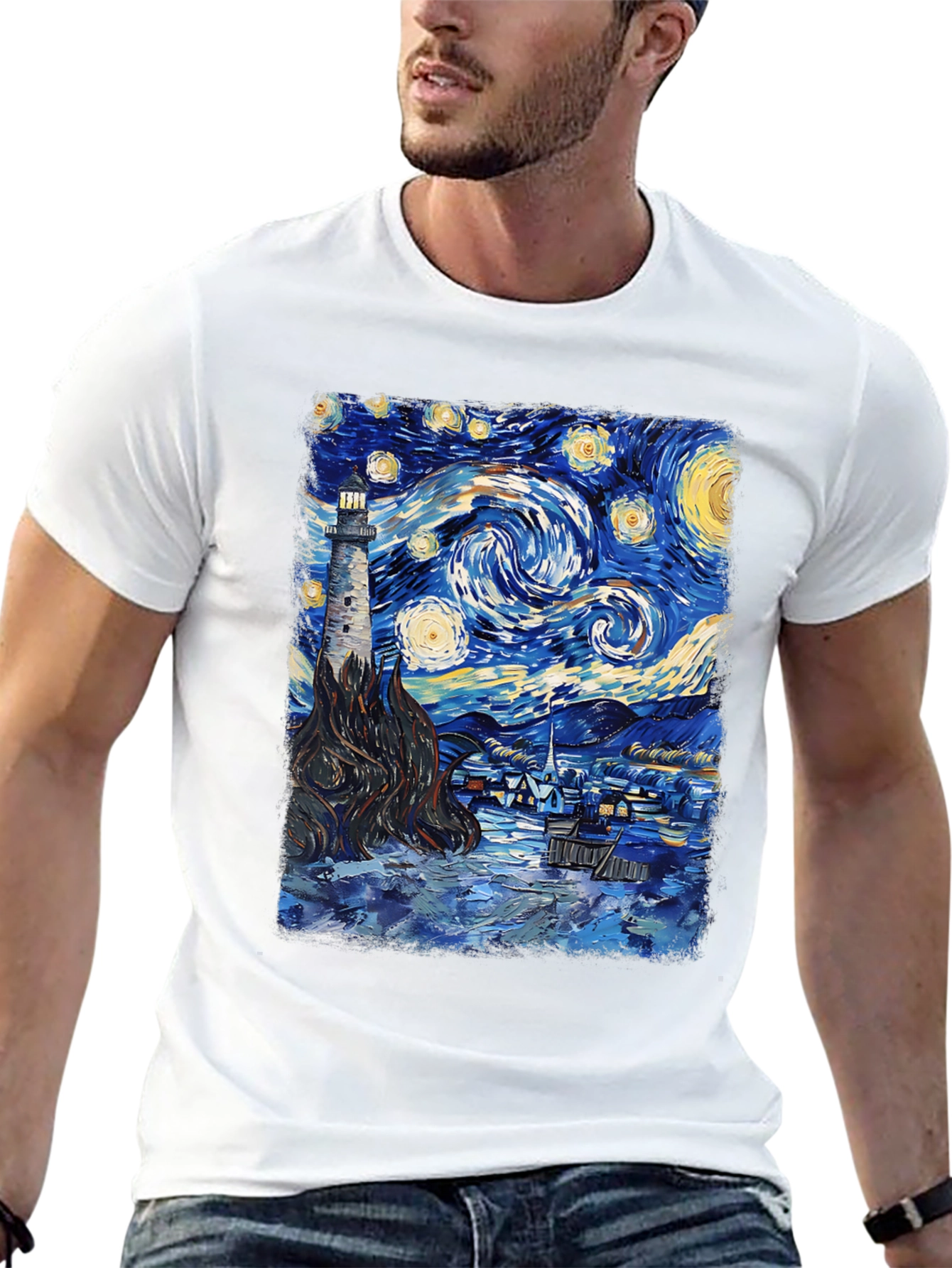 Starry Night Lighthouse Graphic Tee