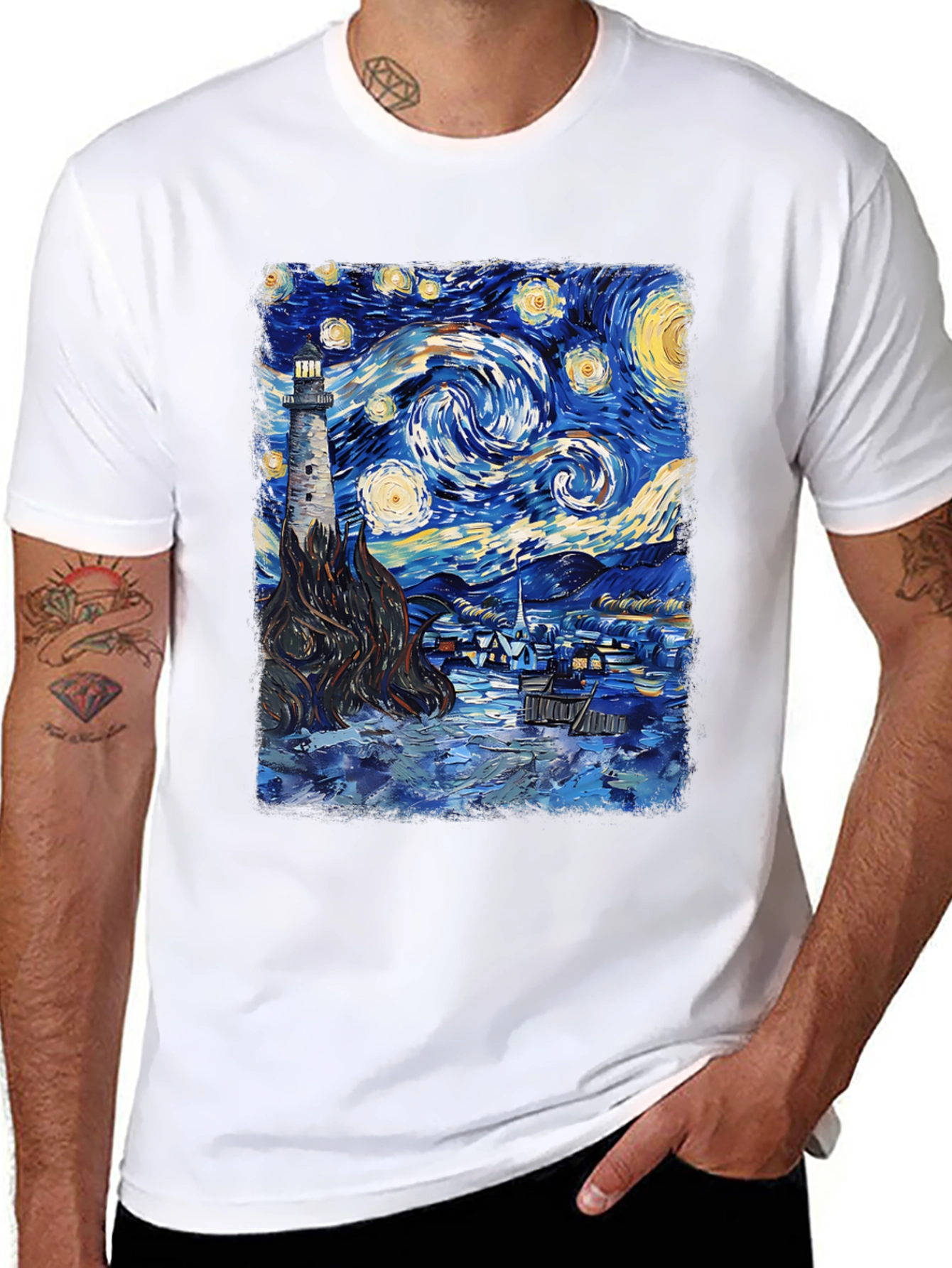 Starry Night Lighthouse Graphic Tee