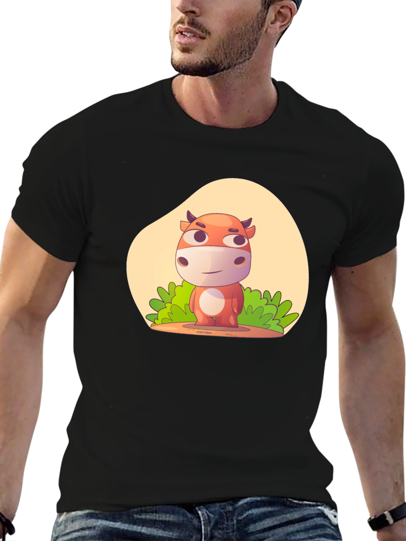 Cartoon Cow Graphic Black T-Shirt