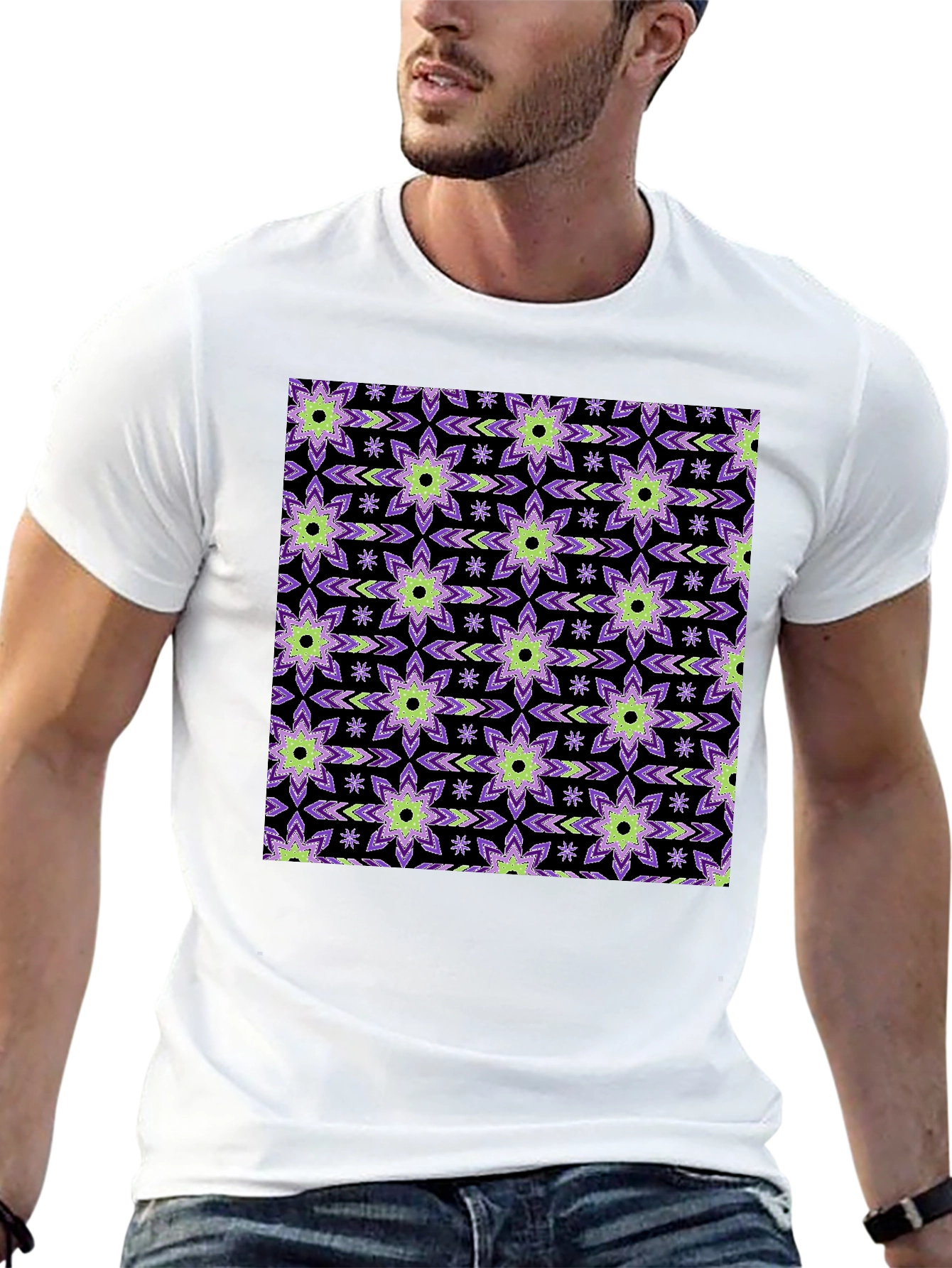 Floral Pattern Mens Black T-Shirt