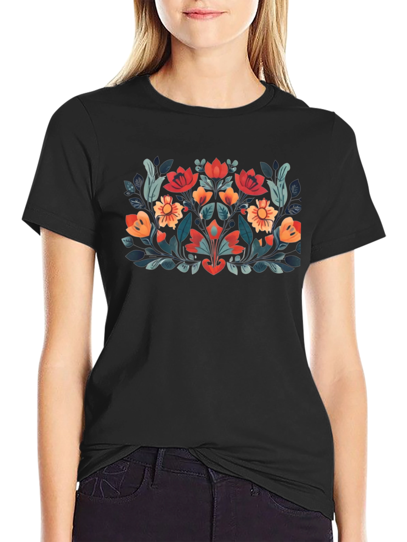 Floral Graphic Tee - Stylish Black T-Shirt