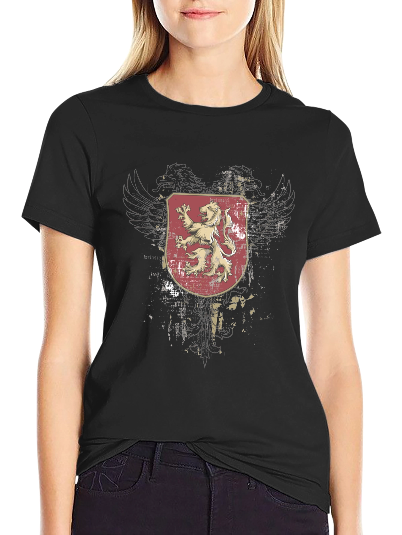 Mens Black T-Shirt with Lion Crest Graphic