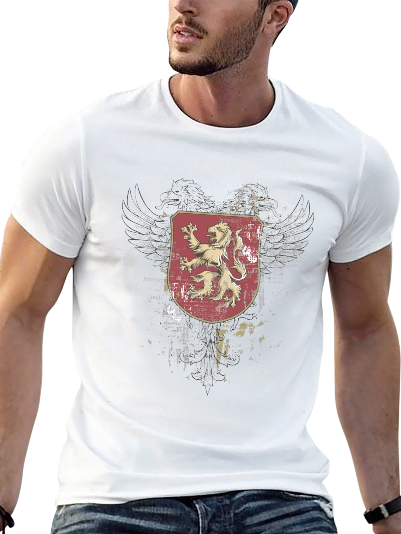Mens Black T-Shirt with Lion Crest Graphic