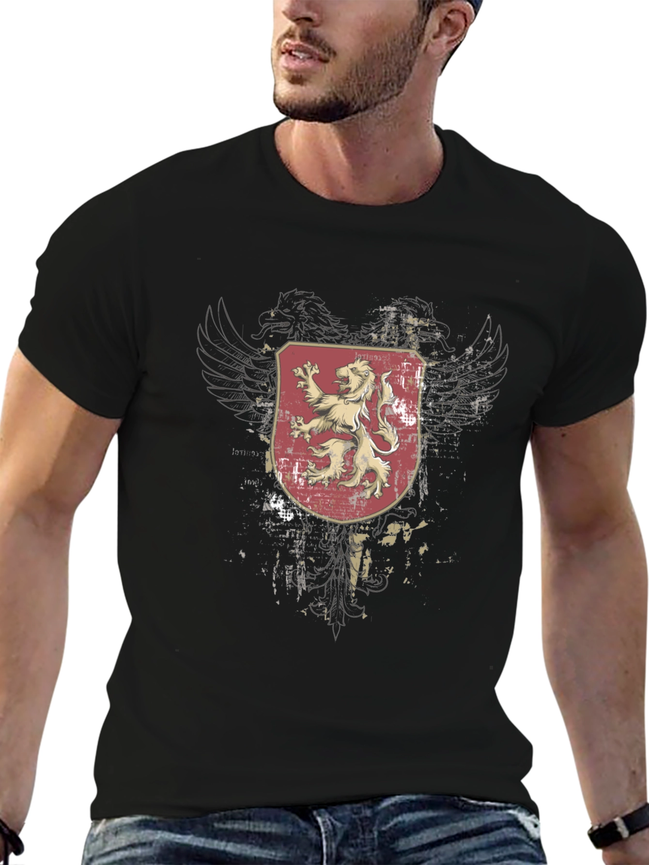 Mens Black T-Shirt with Lion Crest Graphic