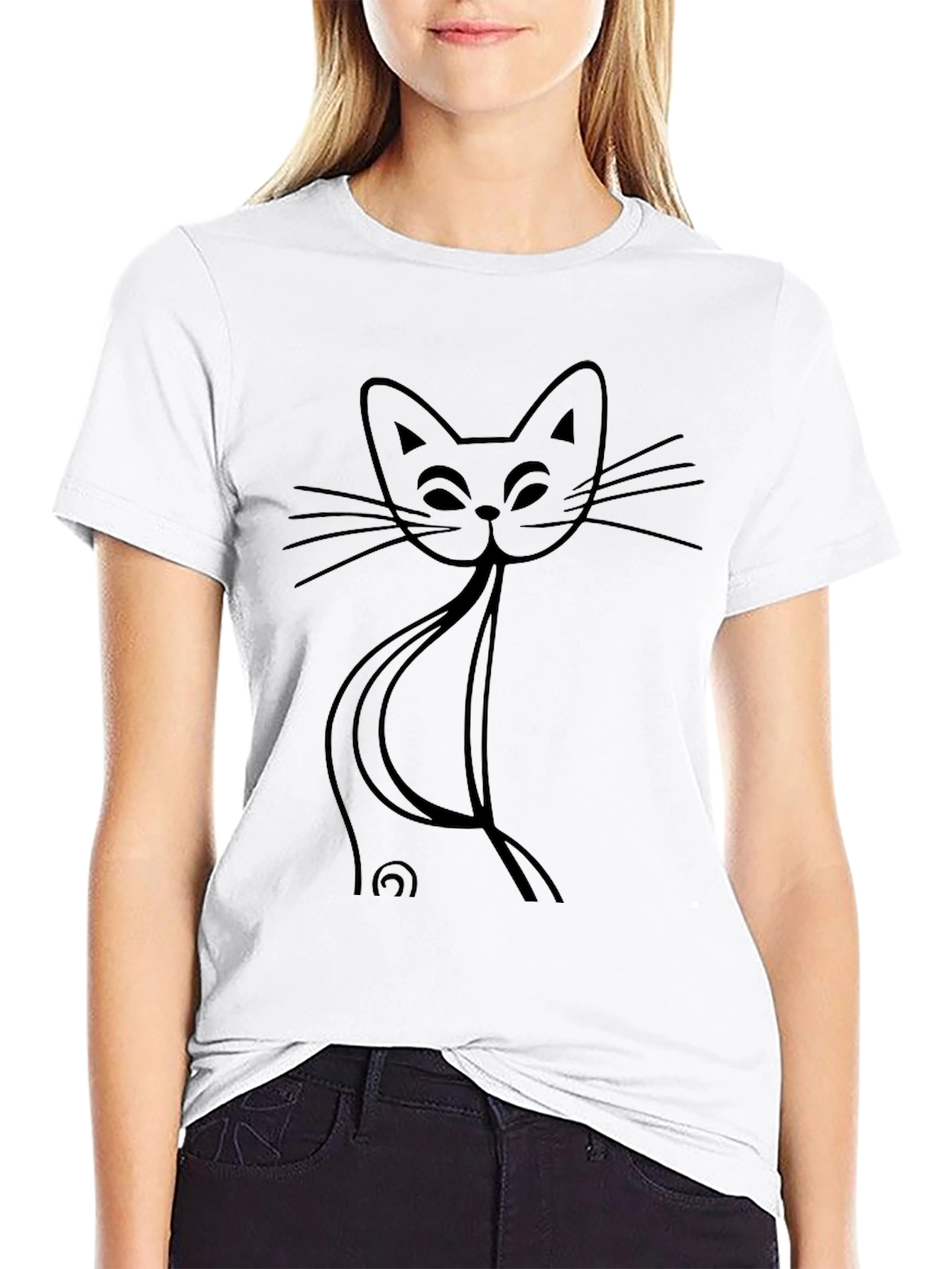 Minimalist Cat Outline Graphic Tee