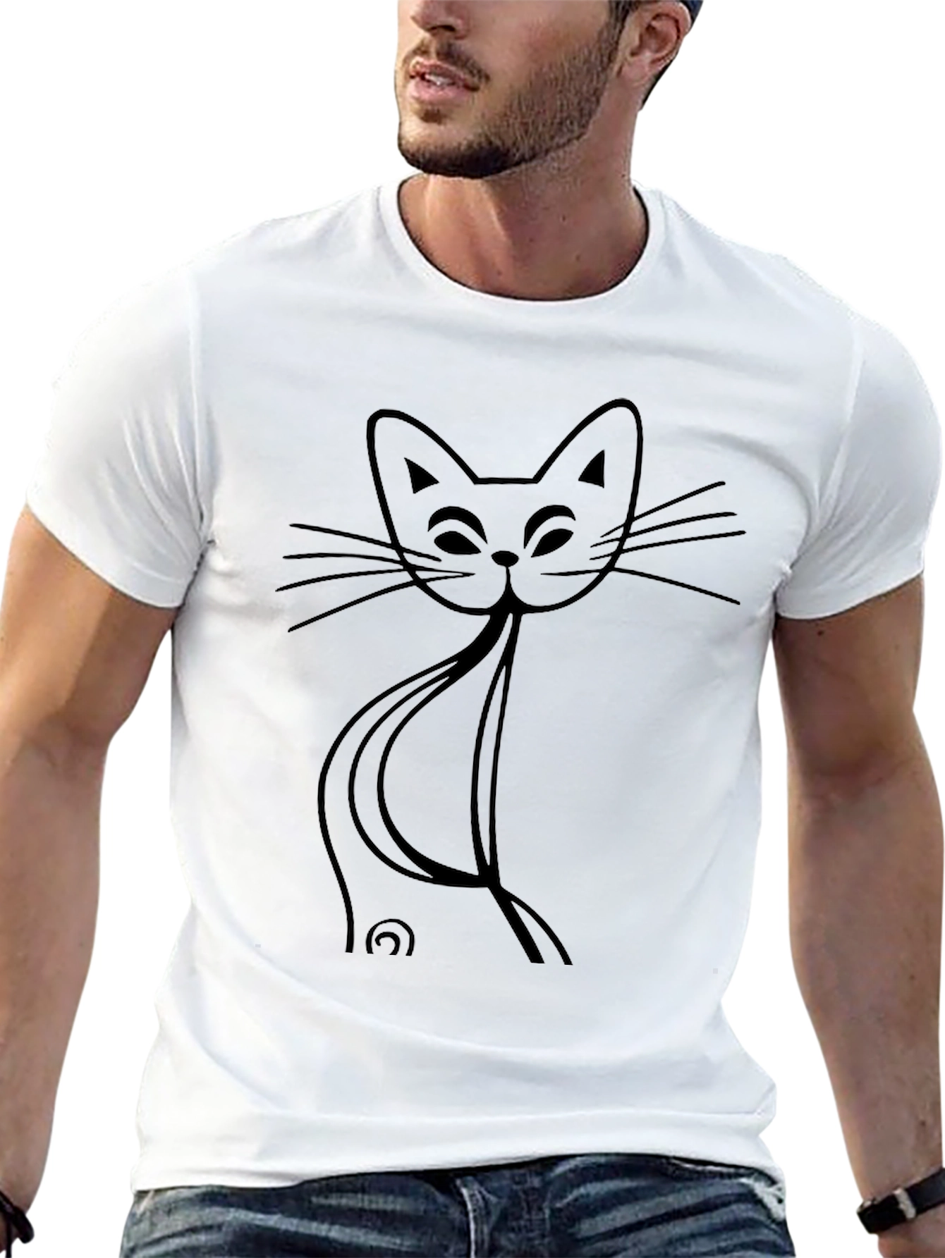Minimalist Cat Outline Graphic Tee