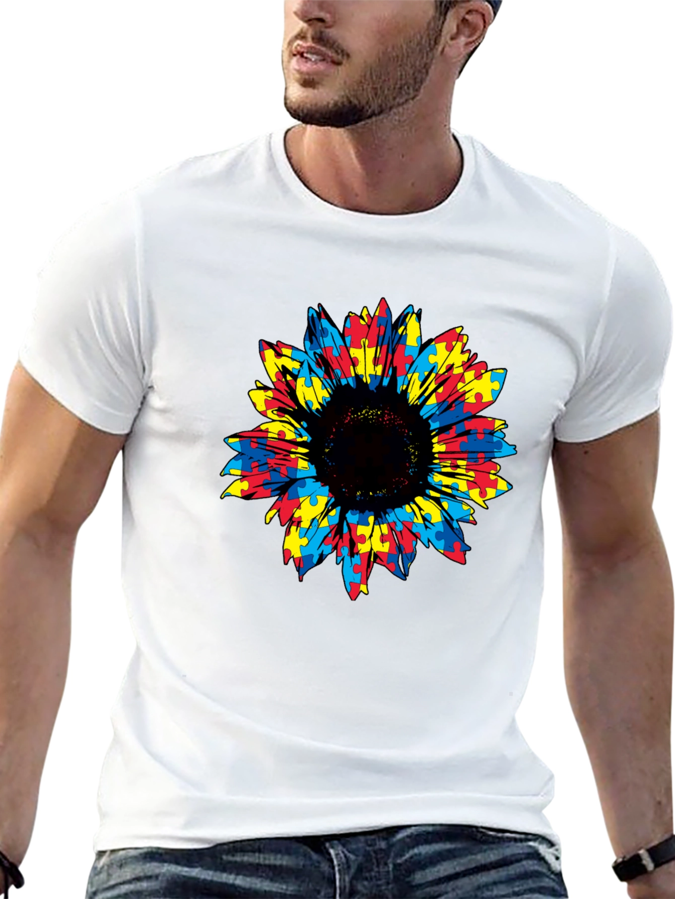 Autism Awareness Sunflower Puzzle Piece Graphic Tee