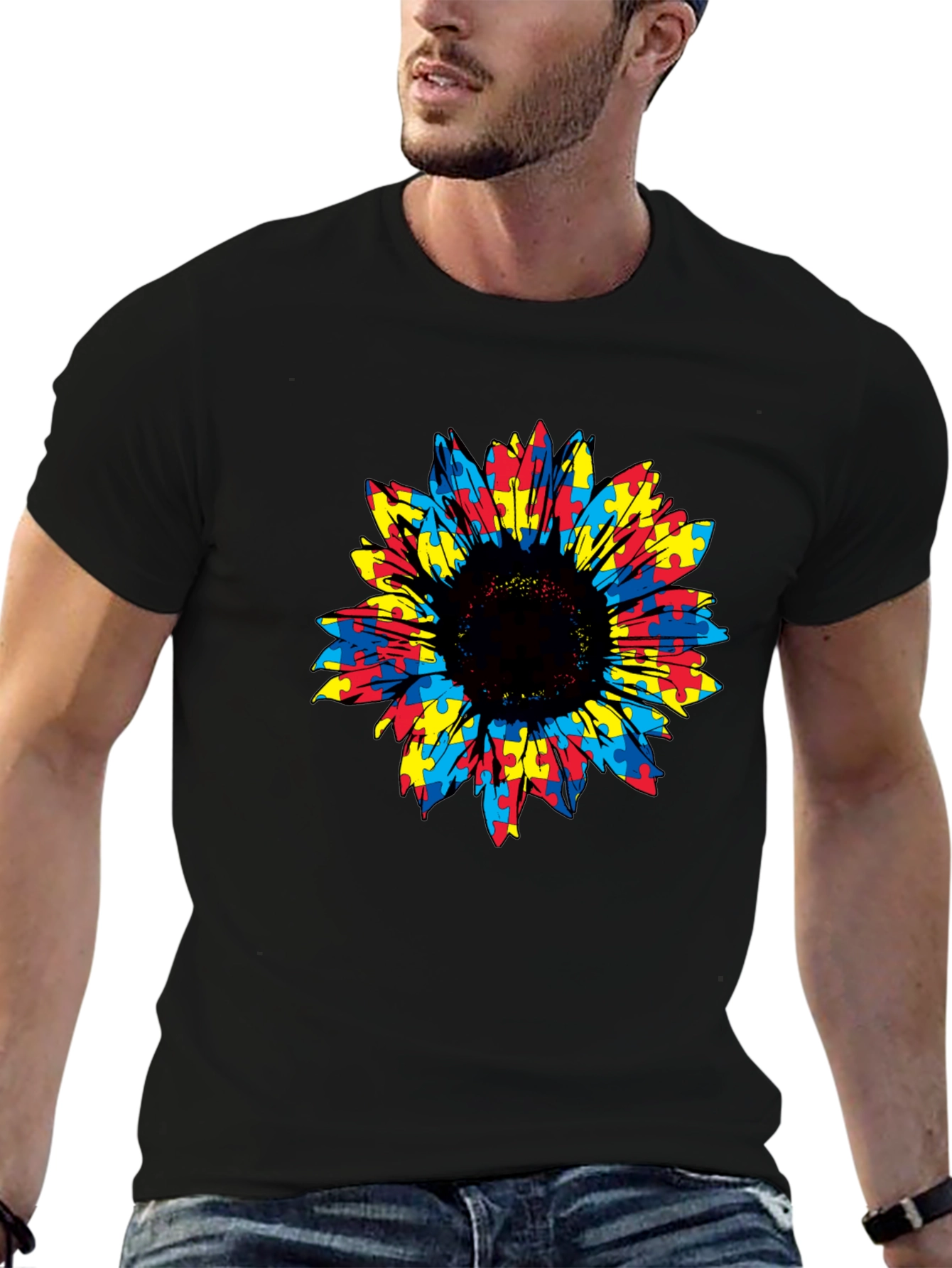 Autism Awareness Sunflower Puzzle Piece Graphic Tee