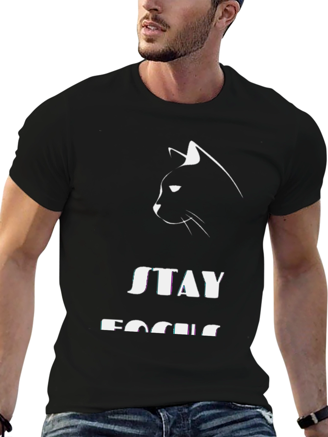 Stay Focused Cat T-Shirt - Black Cotton Tee