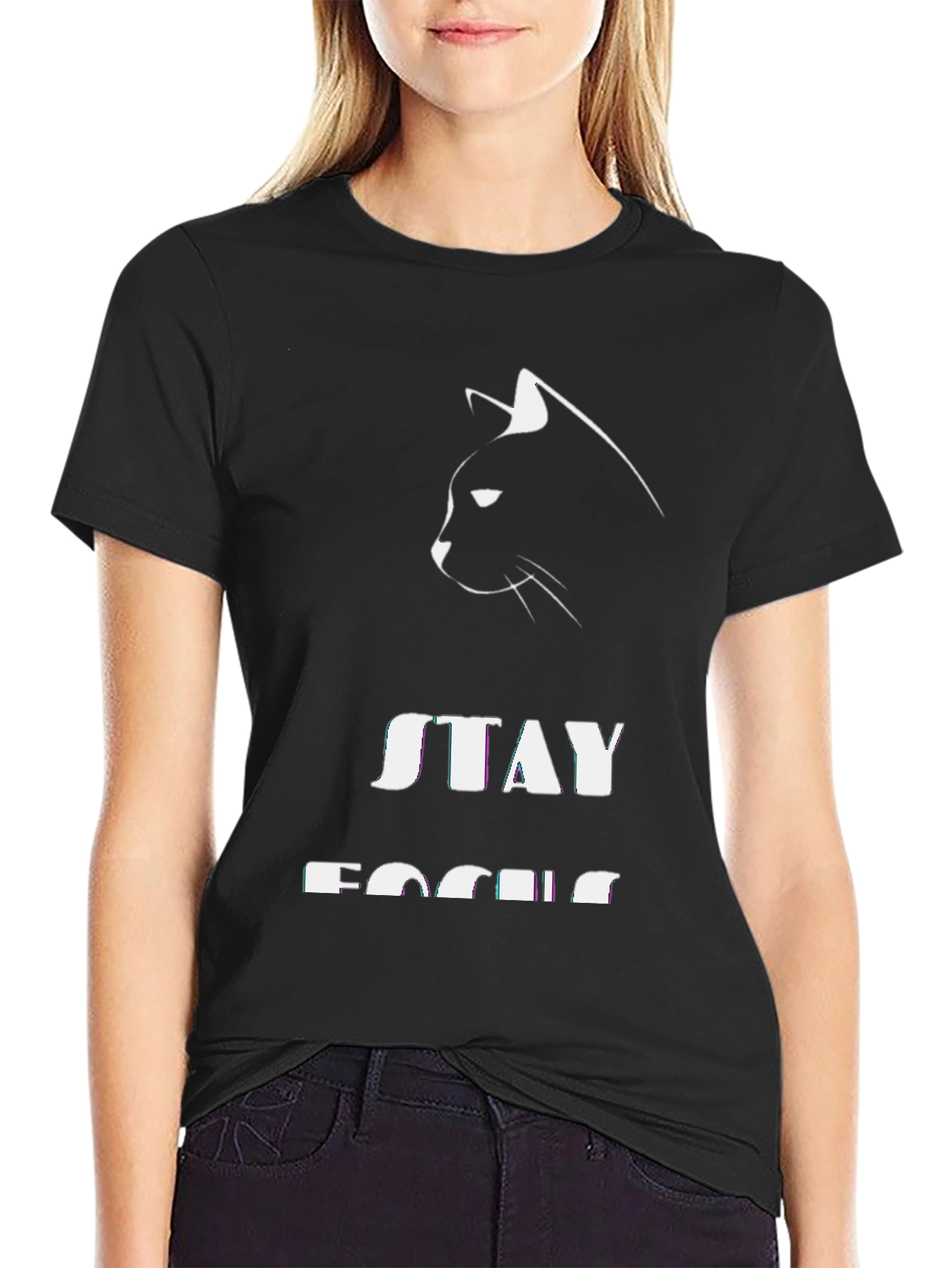 Stay Focused Cat T-Shirt - Black Cotton Tee