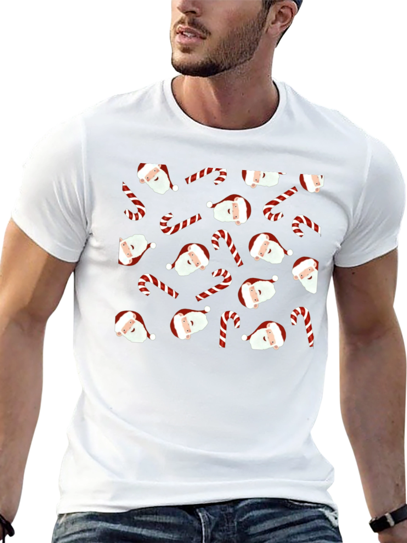 Festive Santa & Candy Cane Patterned Black T-Shirt