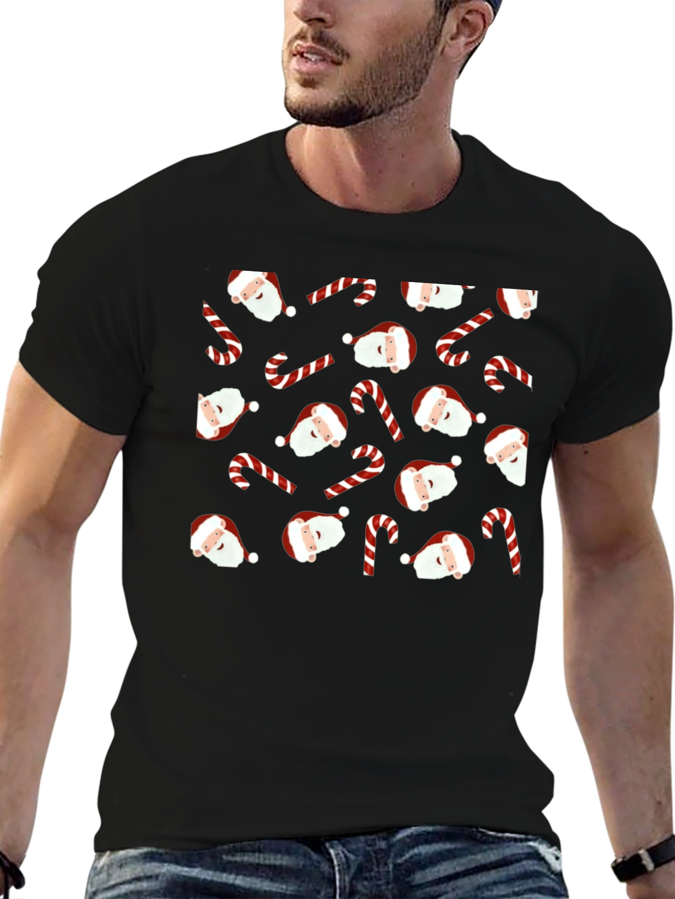 Festive Santa & Candy Cane Patterned Black T-Shirt