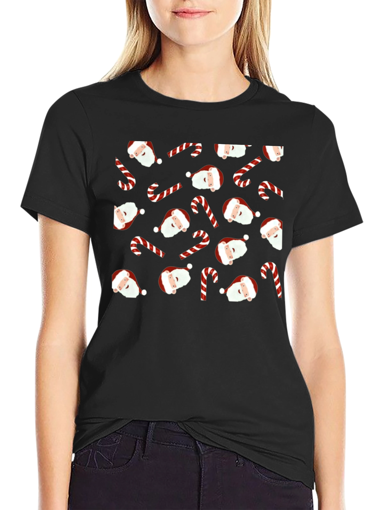 Festive Santa & Candy Cane Patterned Black T-Shirt