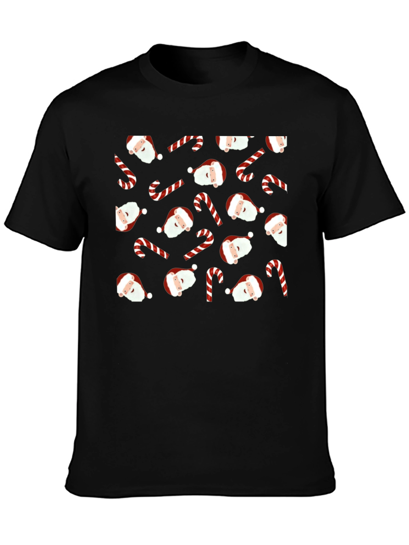 Festive Santa & Candy Cane Patterned Black T-Shirt
