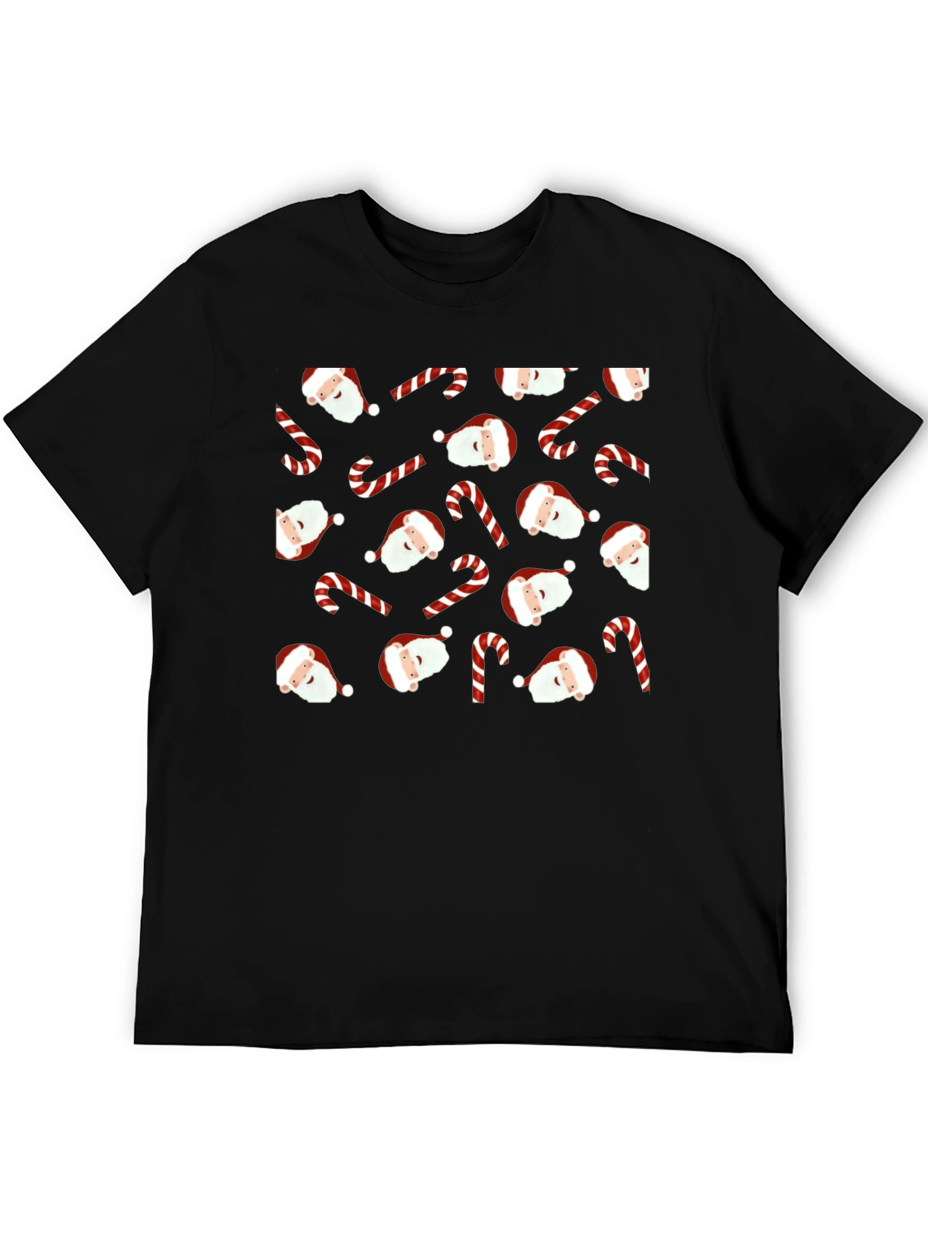 Festive Santa & Candy Cane Patterned Black T-Shirt
