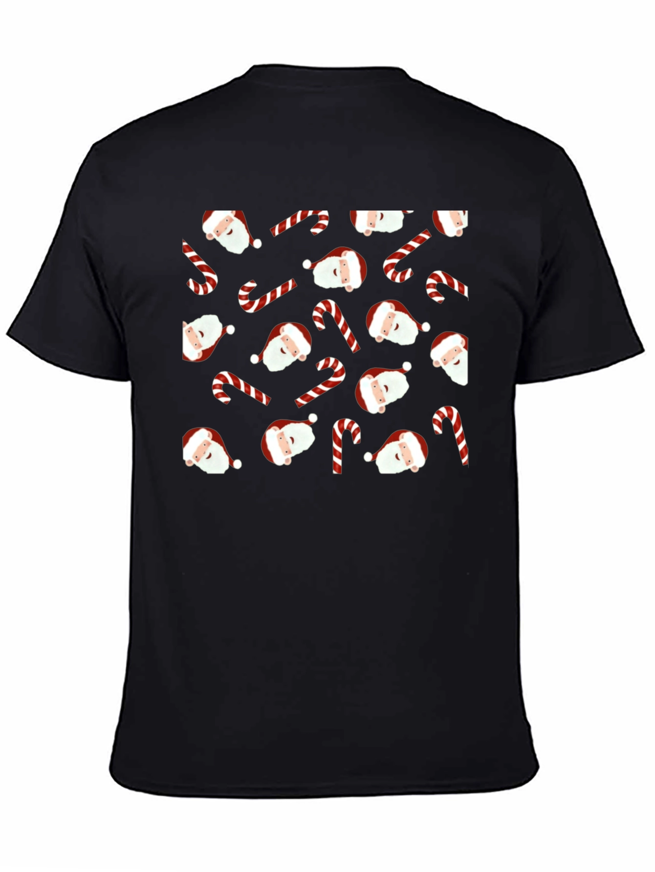 Festive Santa & Candy Cane Patterned Black T-Shirt