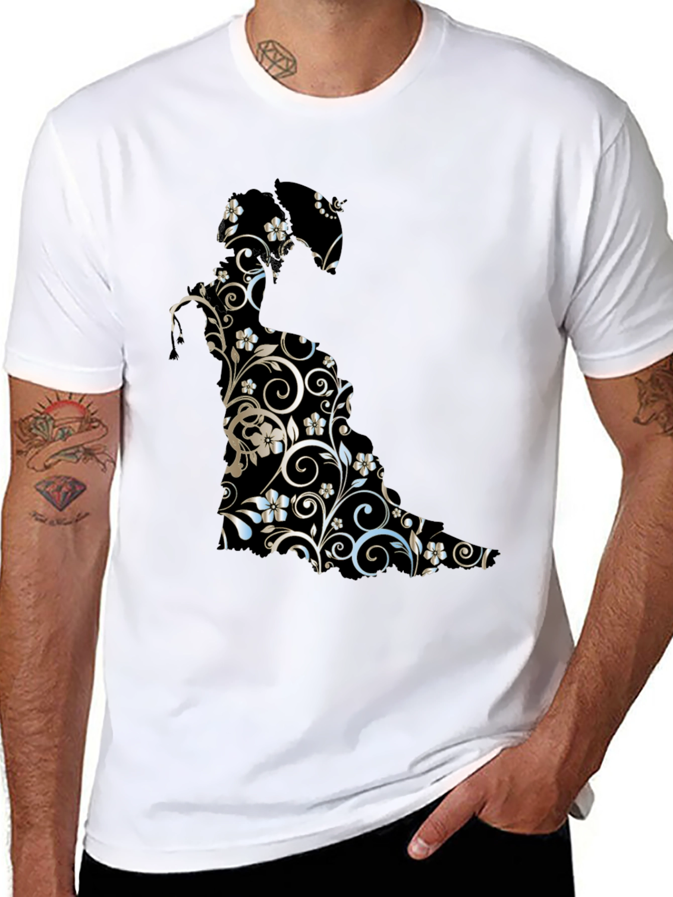 Floral Cat Graphic Tee - Stylish Black T-Shirt