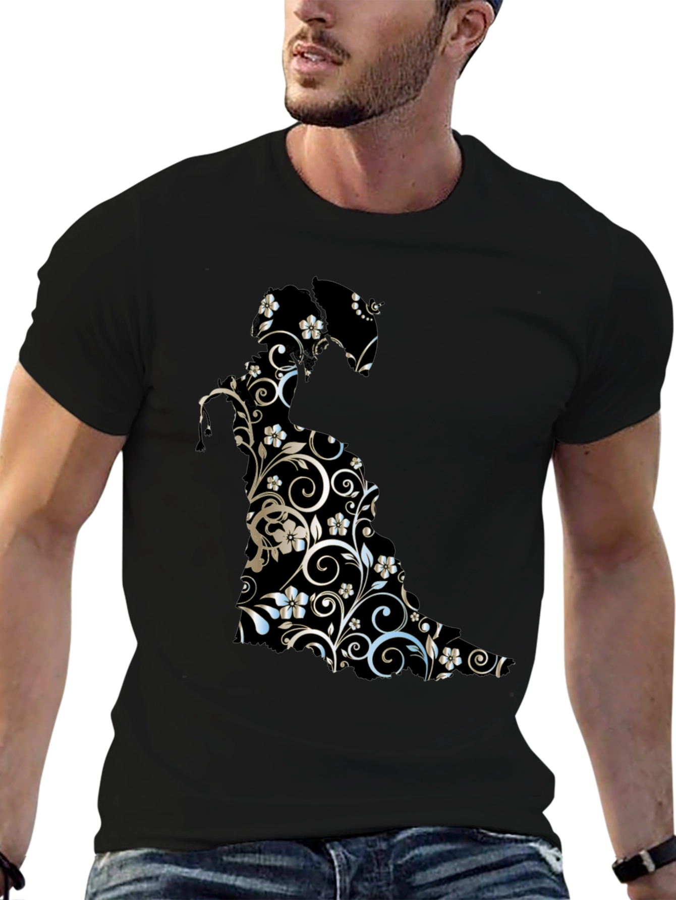 Floral Cat Graphic Tee - Stylish Black T-Shirt