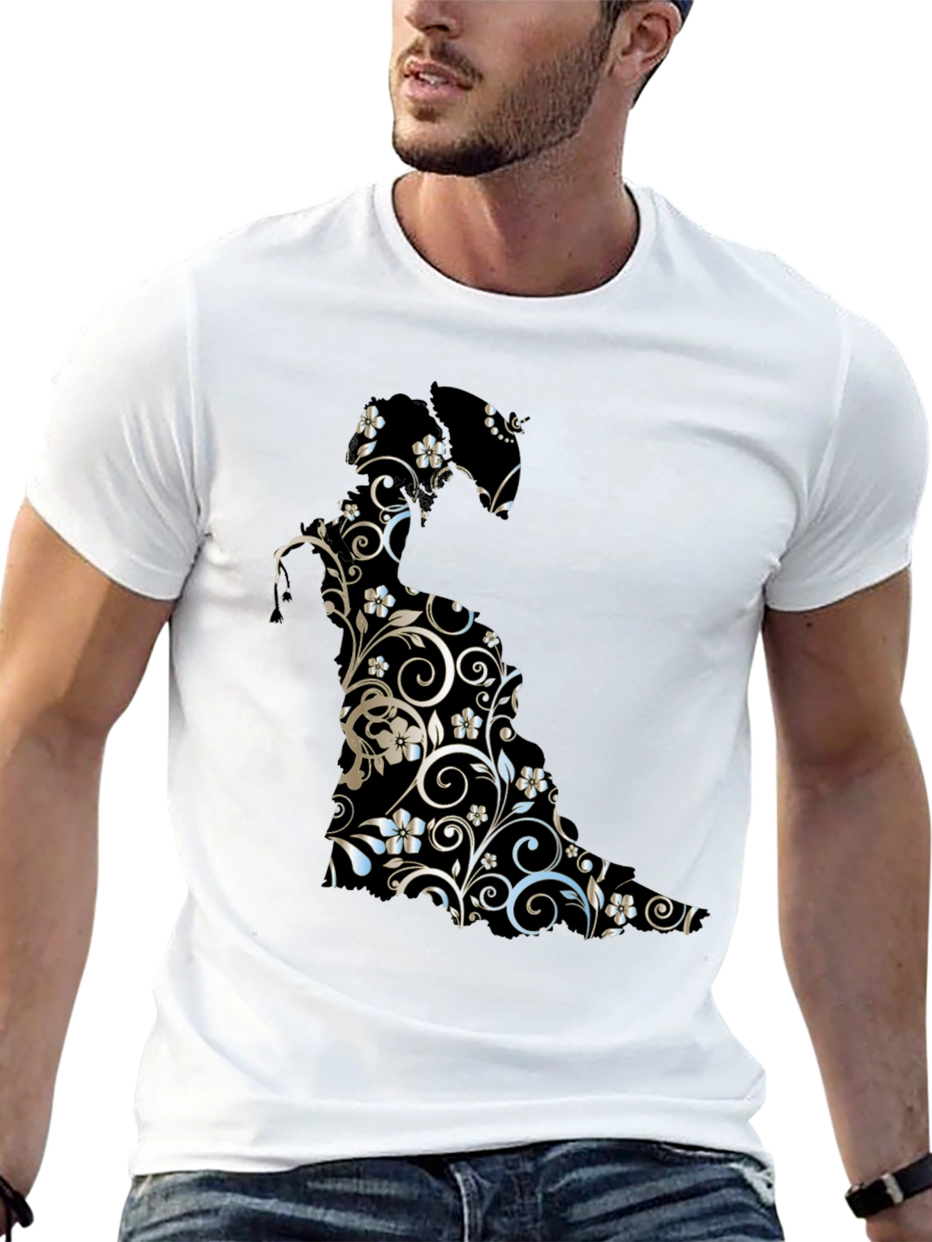 Floral Cat Graphic Tee - Stylish Black T-Shirt