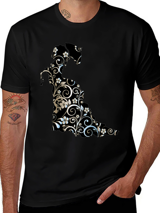 Floral Cat Graphic Tee - Stylish Black T-Shirt