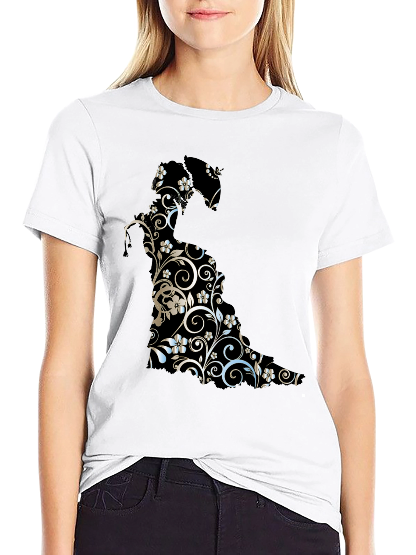 Floral Cat Graphic Tee - Stylish Black T-Shirt