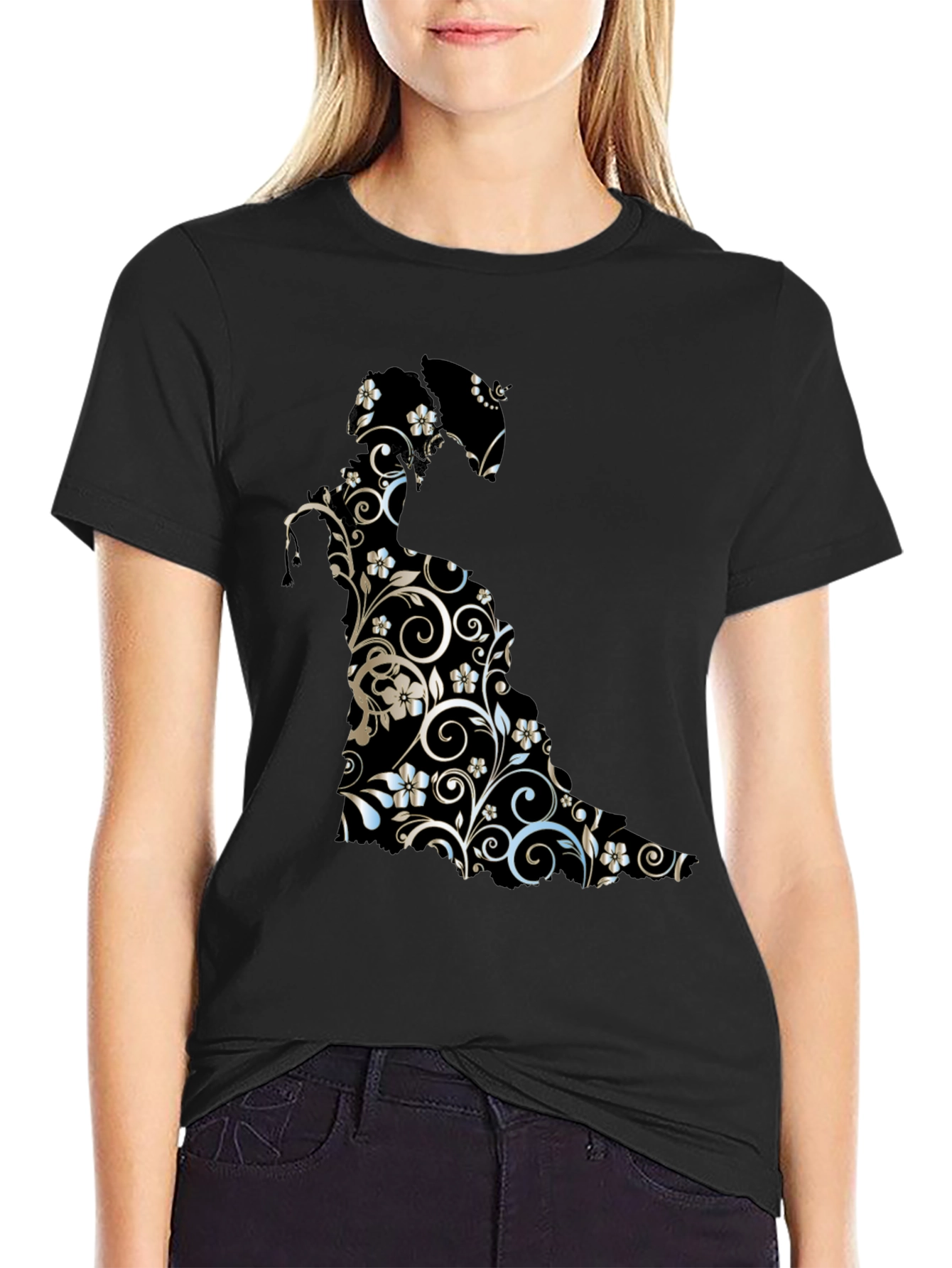 Floral Cat Graphic Tee - Stylish Black T-Shirt