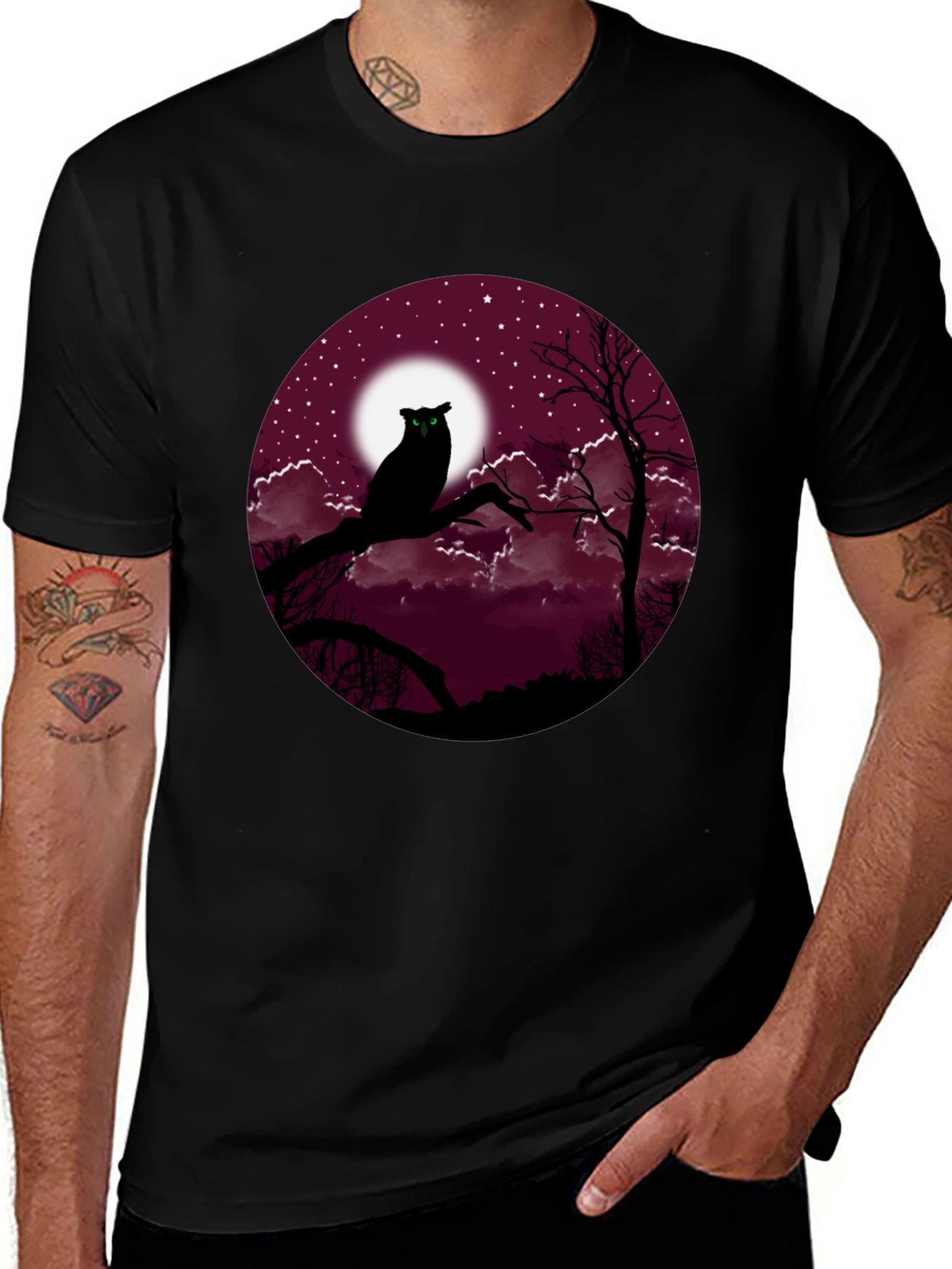 Owl Moon Mens Black T-Shirt