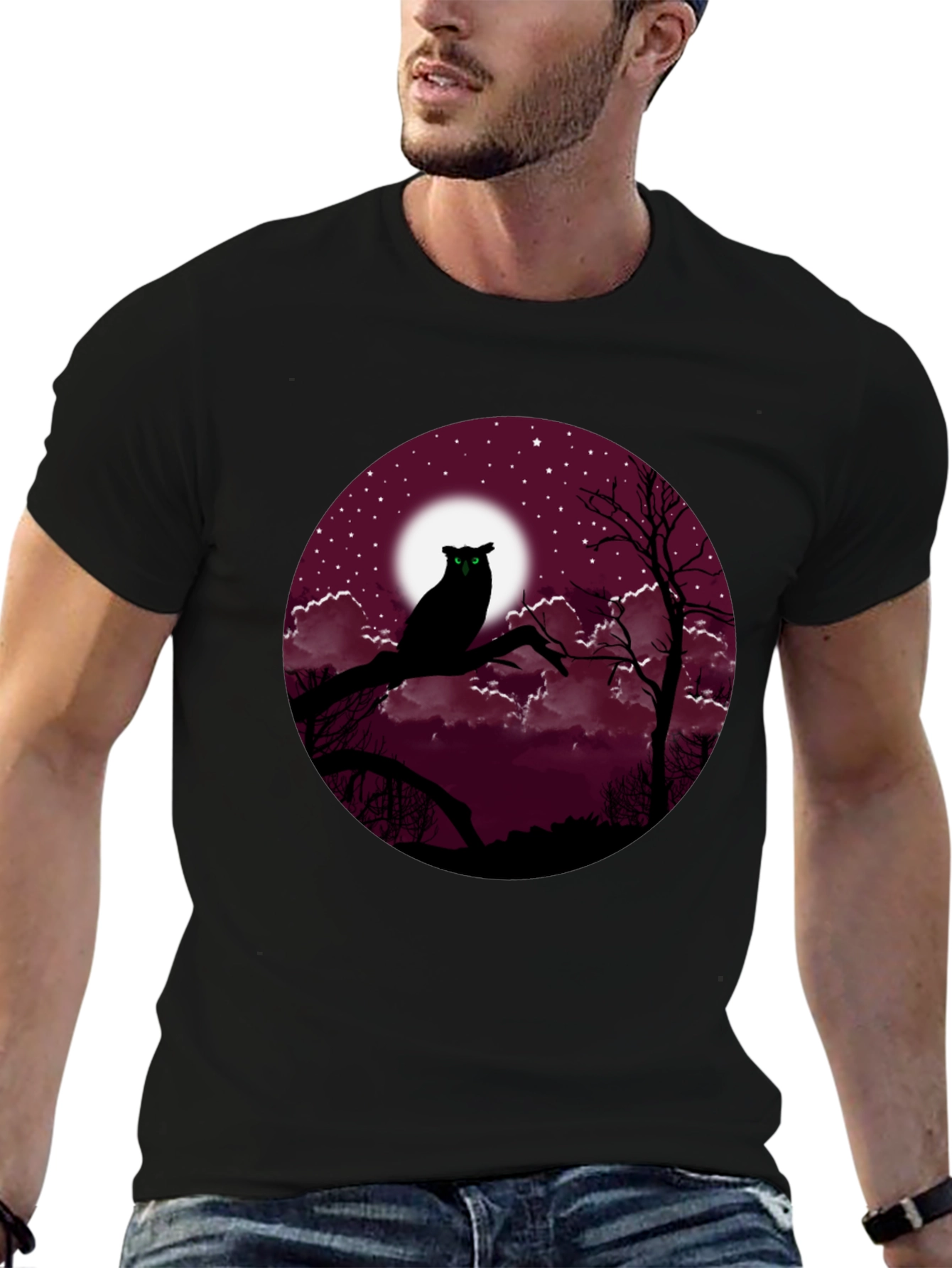 Owl Moon Mens Black T-Shirt