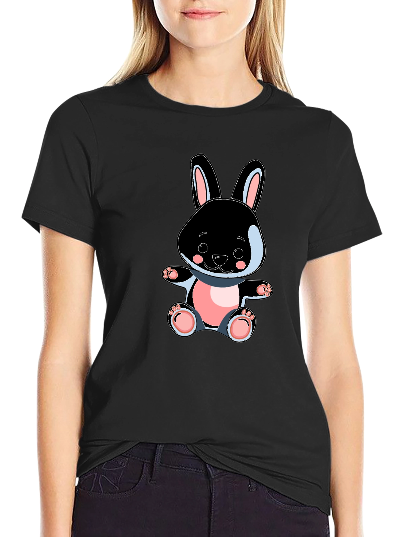 Cute Bunny Graphic Tee - Black Cotton Blend