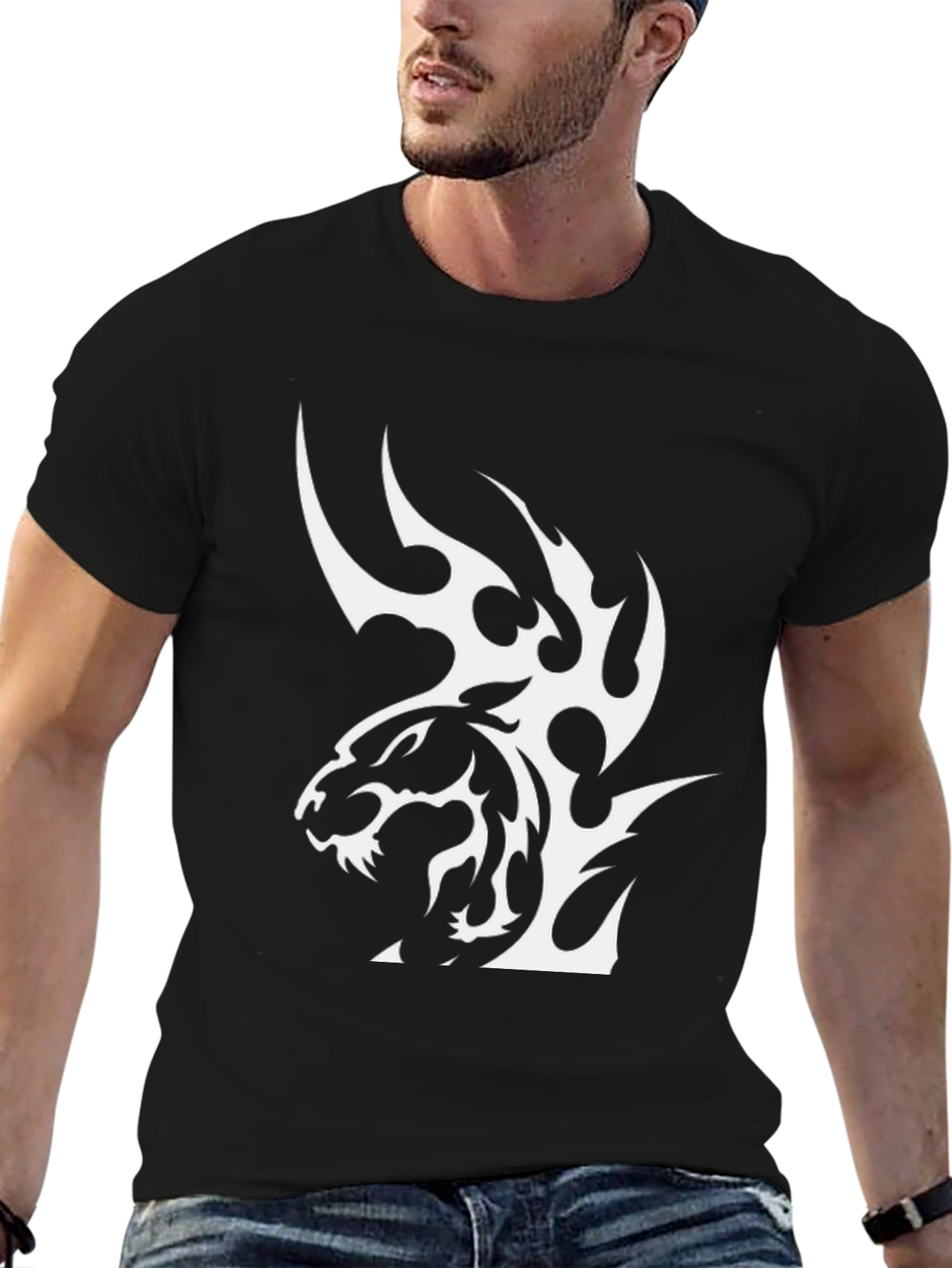 Black T-Shirt with Tribal Tiger Graphic