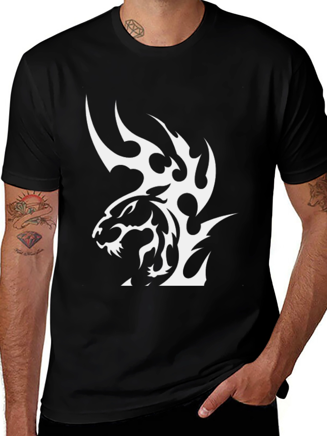 Black T-Shirt with Tribal Tiger Graphic