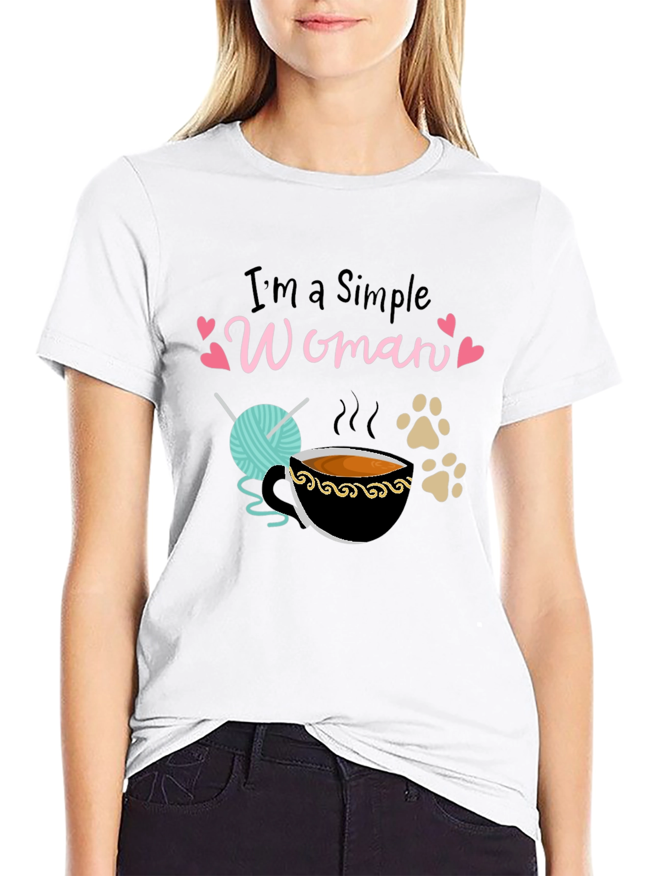 Simple Woman T-Shirt: Yarn Coffee & Paws