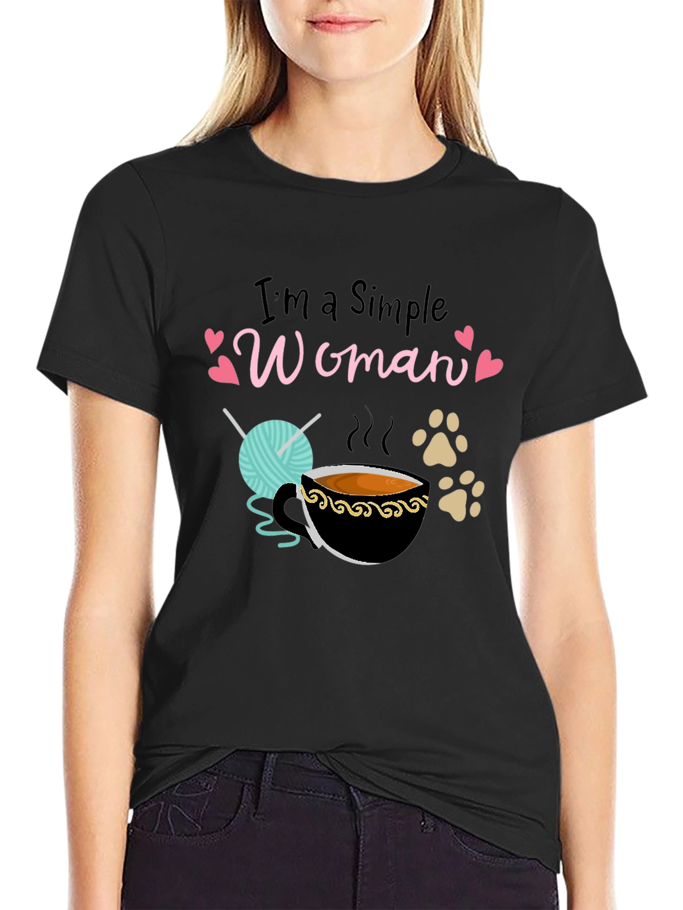 Simple Woman T-Shirt: Yarn Coffee & Paws