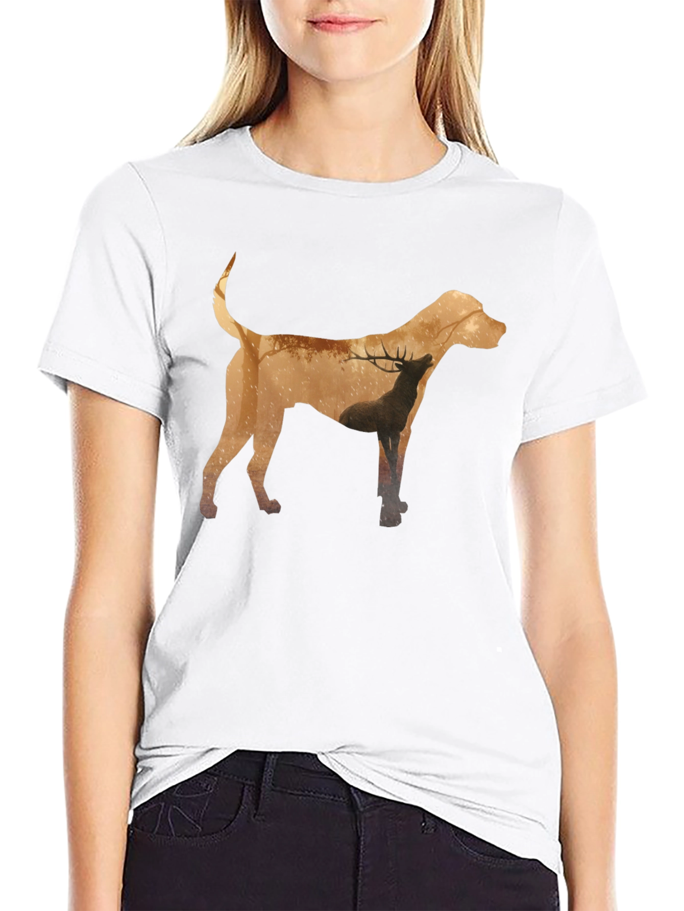 Dog and Deer Silhouette Graphic Tee - Black