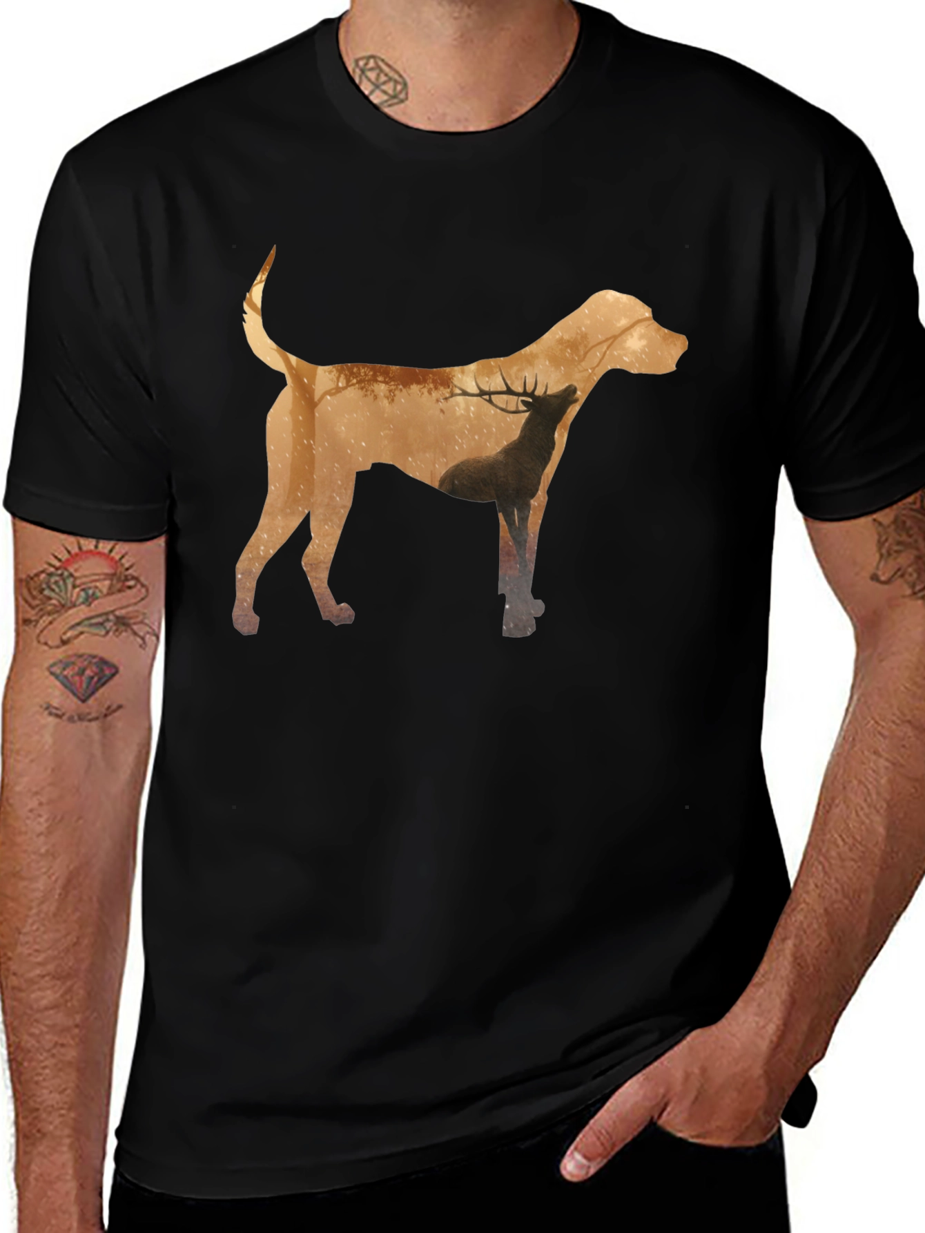 Dog and Deer Silhouette Graphic Tee - Black