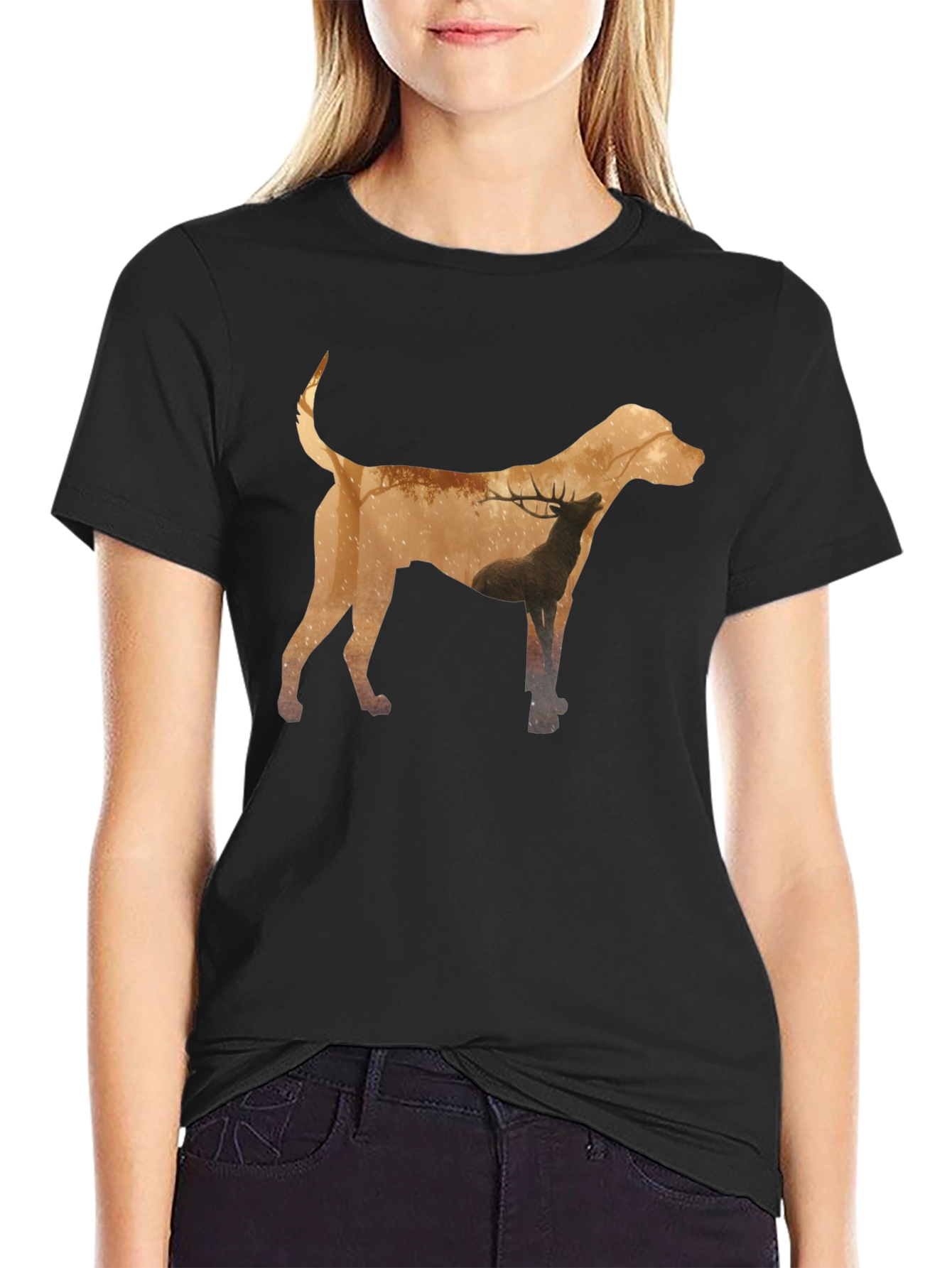 Dog and Deer Silhouette Graphic Tee - Black