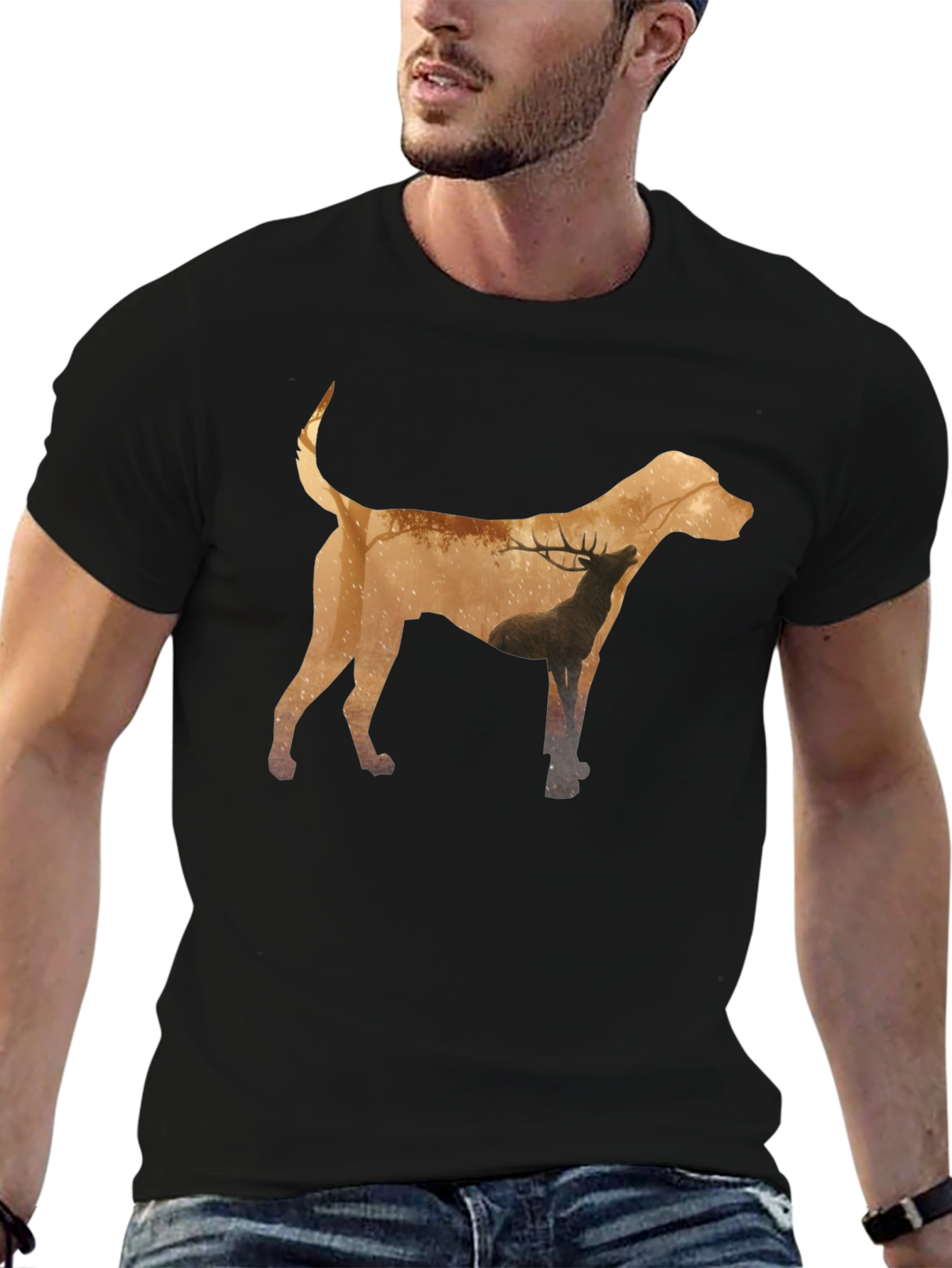 Dog and Deer Silhouette Graphic Tee - Black