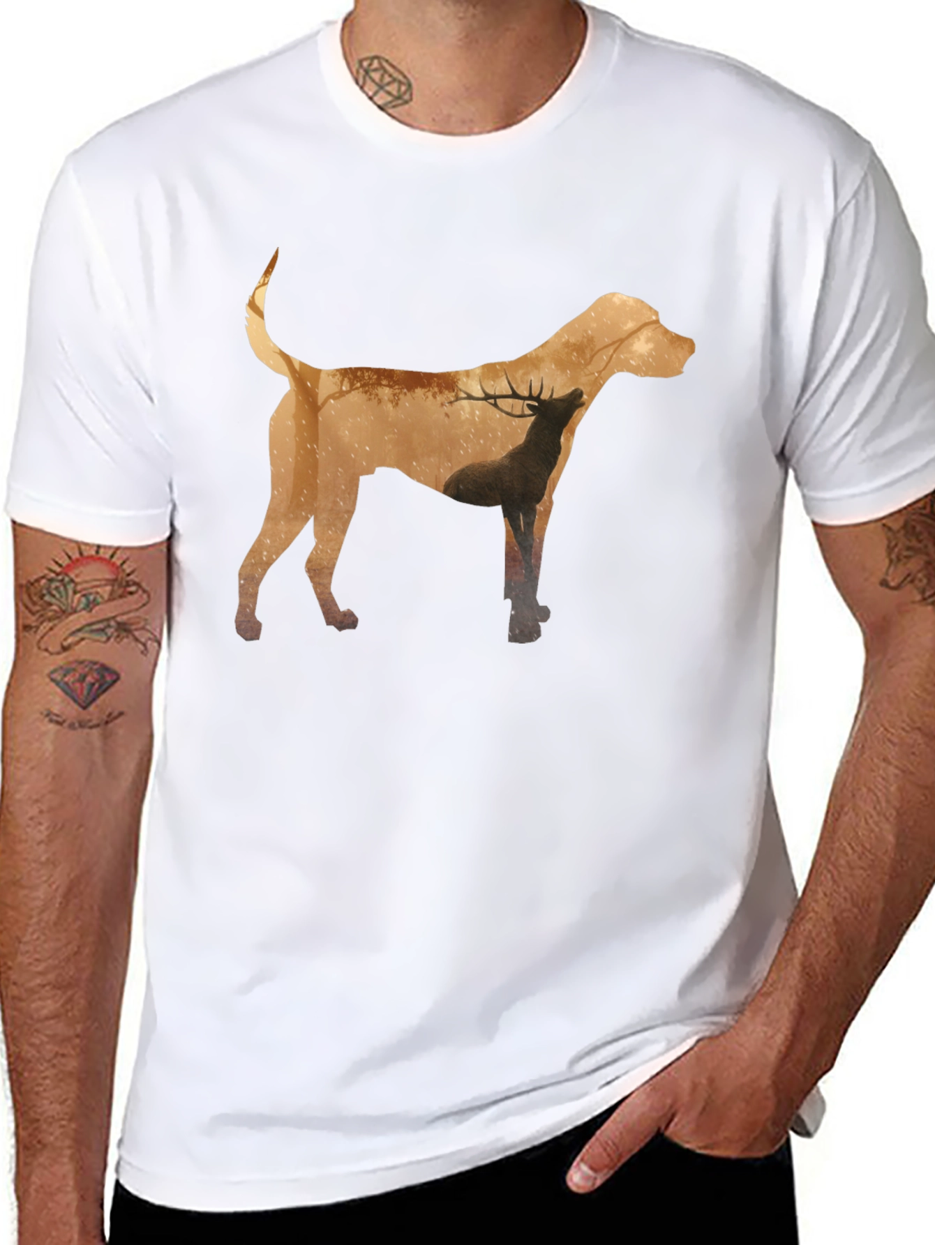 Dog and Deer Silhouette Graphic Tee - Black