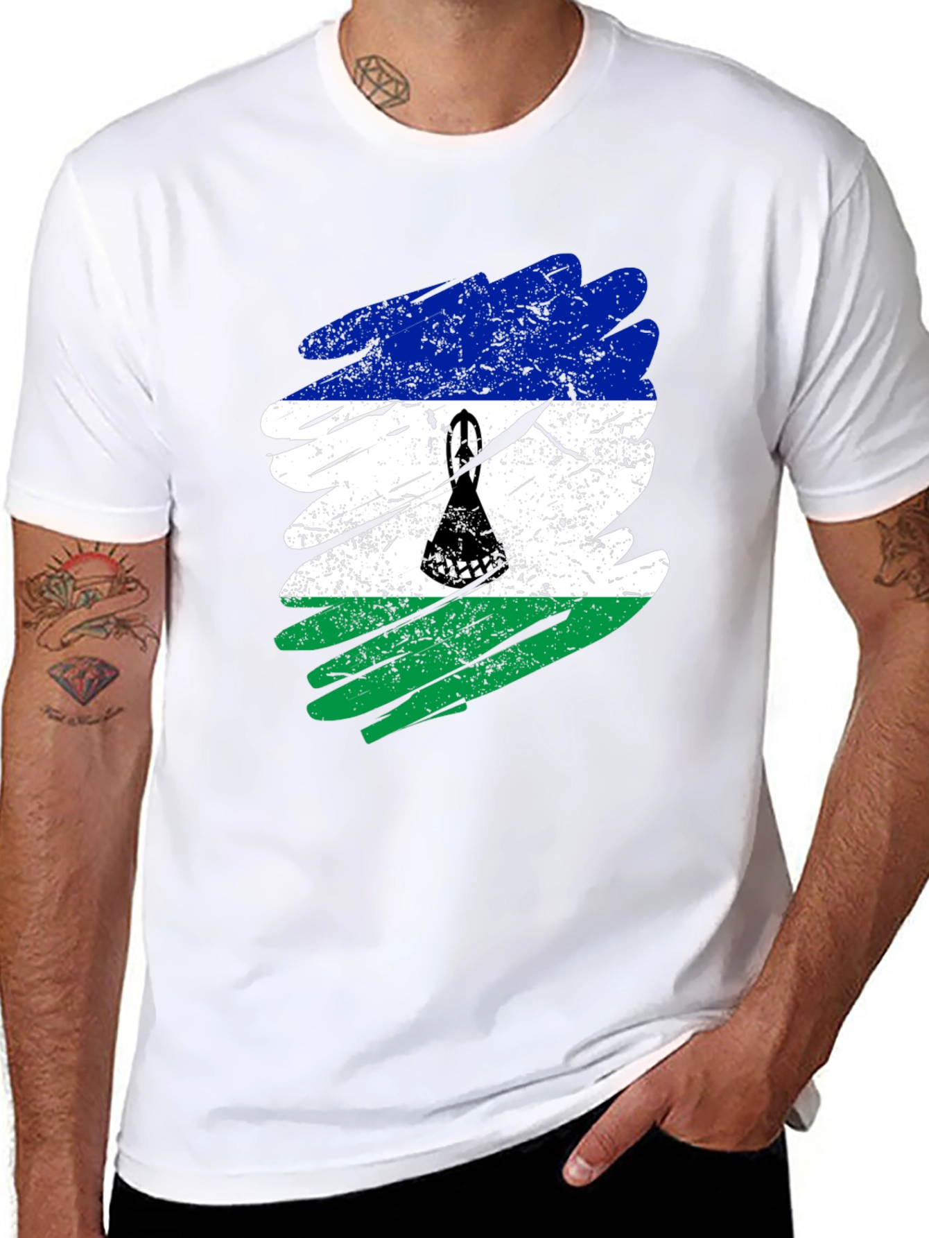 Lesotho Flag Brush Stroke Black T-Shirt